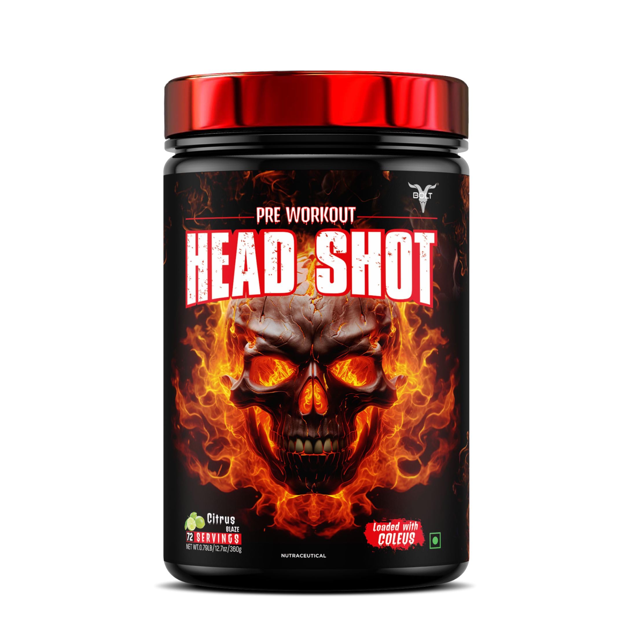 Bolt Nutrition Head Shot Pre-Workout | Extreme Energy Boost | Intense Muscle Pump & Focus | Zero Sugar, Zero Fat | Gym Performance Booster | 360 gm (72 Servings) | Citrus Blaze-image-33