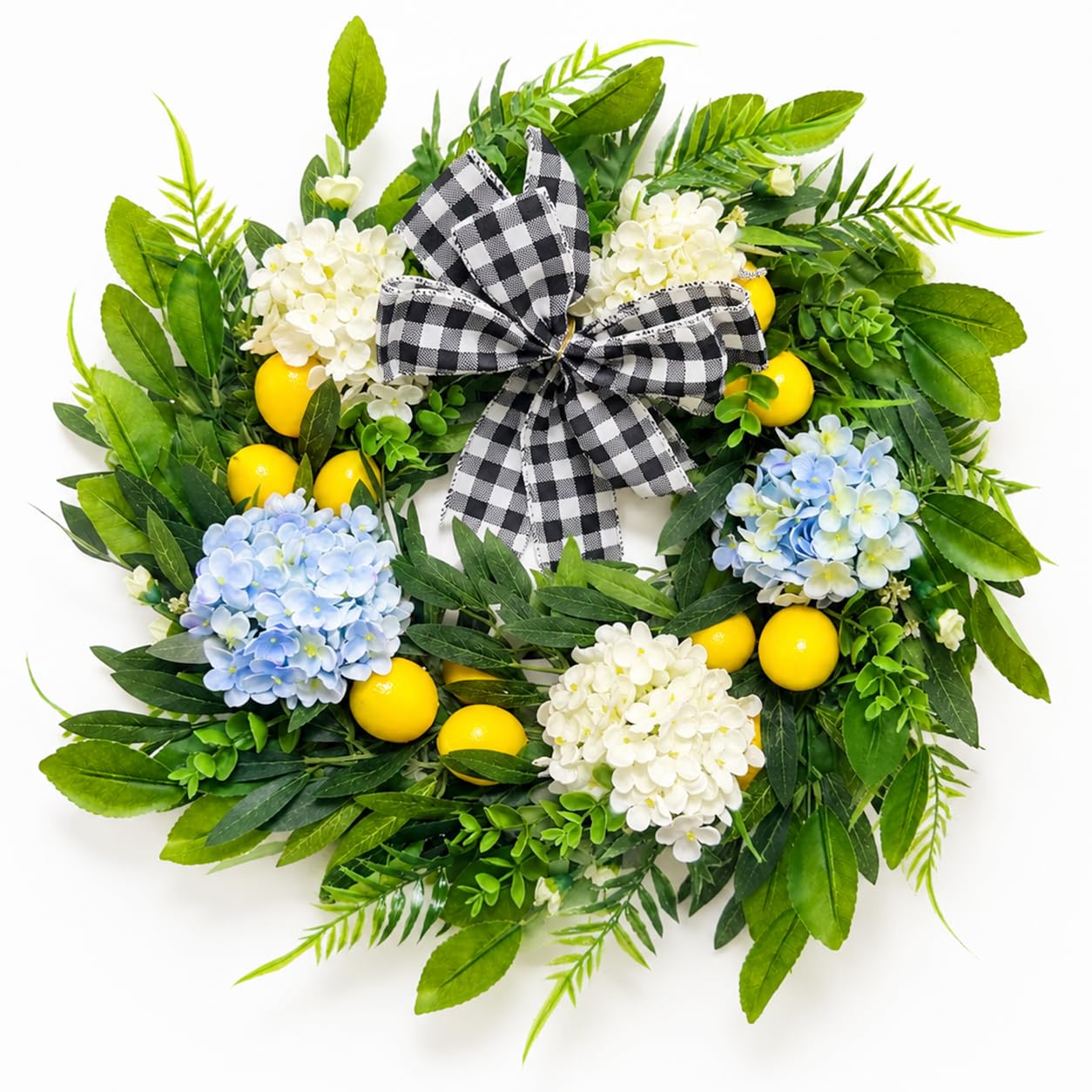 Spring Lemon Wreath for Front Door, 22 Inch Farmhouse Hydrangea Wreath