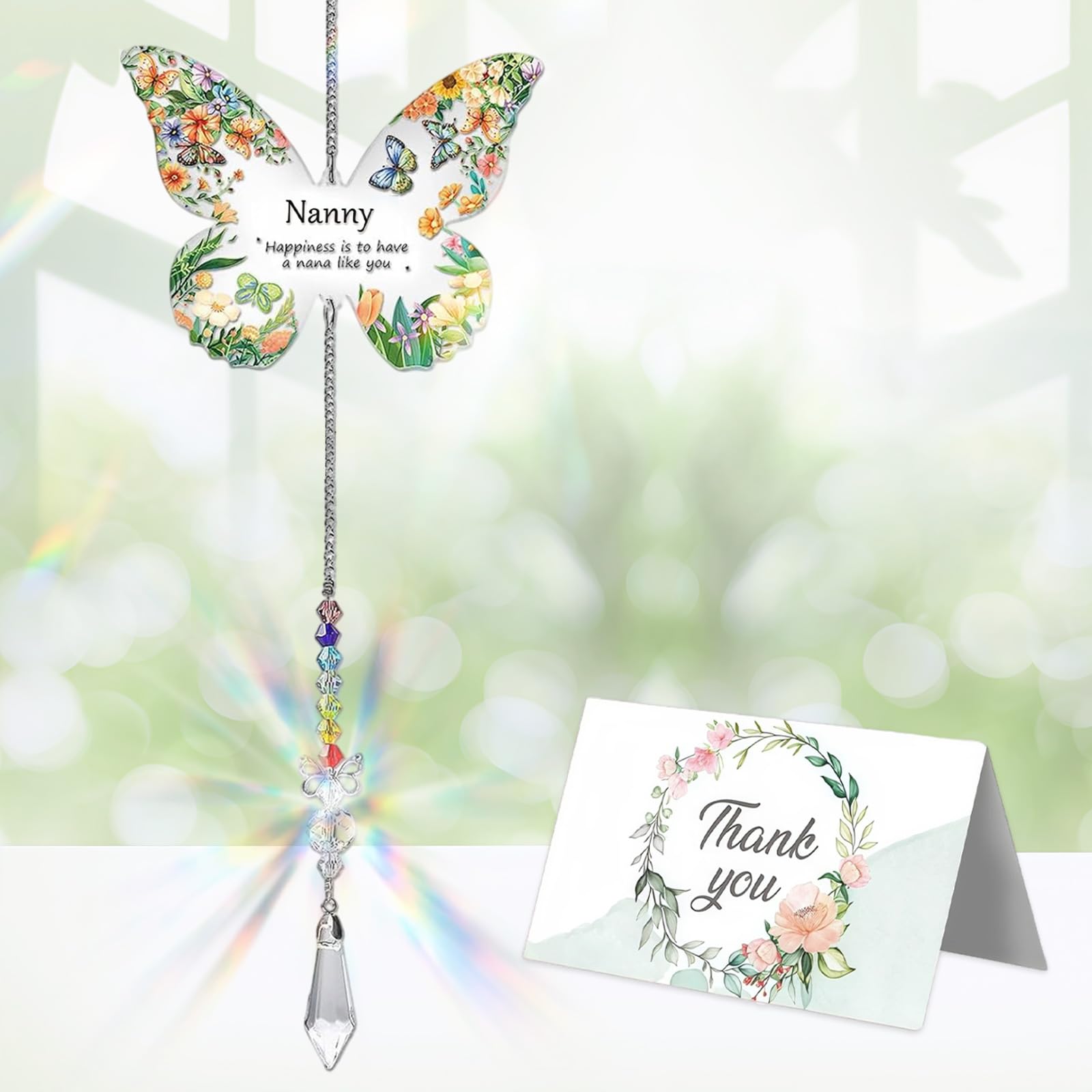 XQMMGO Butterfly Crystal Suncatcher, Sun Catcher Nanny Gifts, Retirement-Gifts For Women, with Thank You Card, For Mother's Day, Lady, Colleagues, Teacher, Grandma (Nanny)