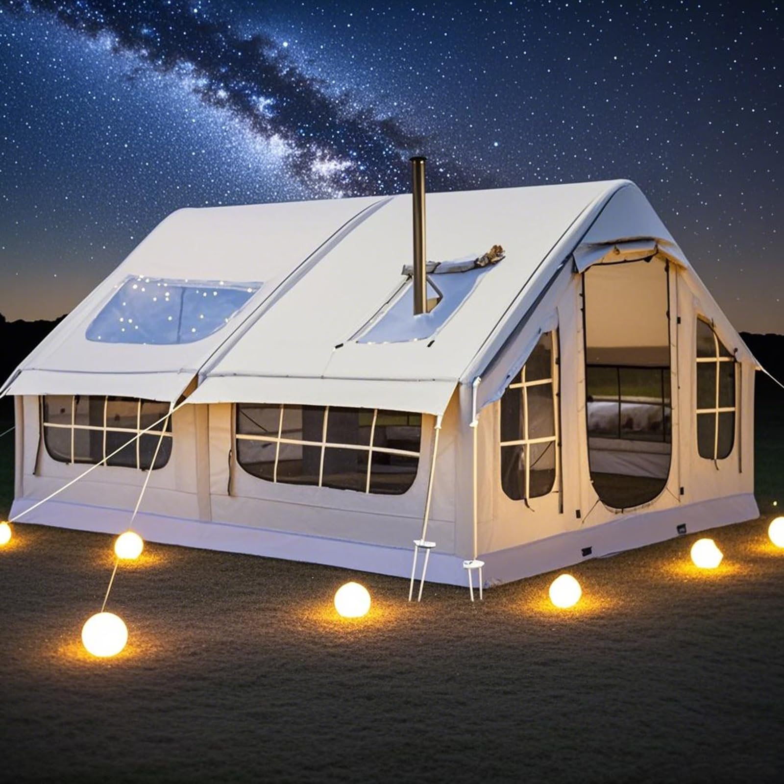 10㎡ Large Glamping Tent with Stove Hole, Blow Up Tents 6-8 Man Inflatable Camping Tent, Easy Setup Large Family Air Tents 4 Season 3000mm Waterproof Pop-Up Pump Up House, Quick To Set Up