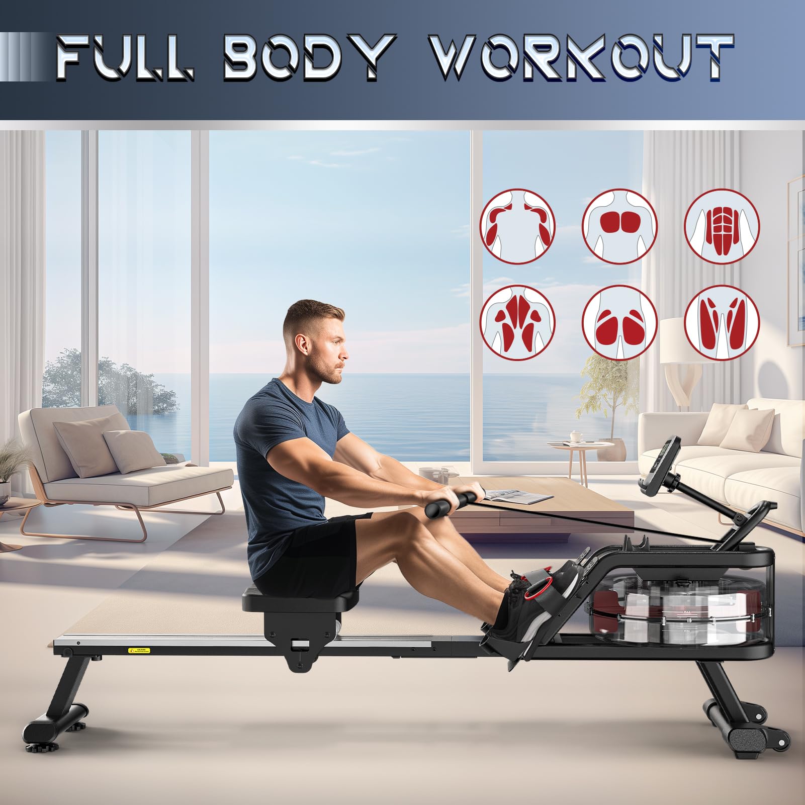 YAMO Máquina de Remo, Remo con LCD Display, Tanque de Agua de 14 litros, Máquina de Remo con Capacidad de Peso de 150kg, Rowing Machine con Membresía de (Tanque de Agua Plano)