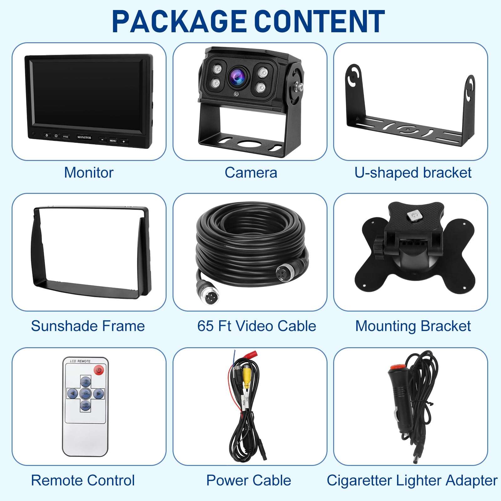 Rückfahrkamera-Set mit 7"-LCD-1080P Monitor & 170° Weitwinkel- Rückfahrkamera, IP69K wasserdicht, 4IR Nachtsicht, DIY-Leitfäden,für LKW/Anhänger/Bus/Van/Landwirtschaft/Schwertransport(12-32 Volt)