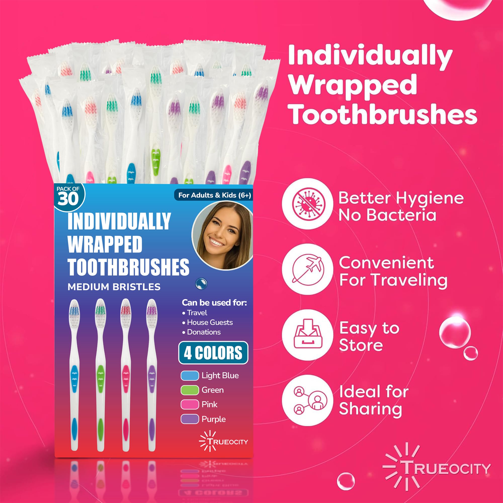 Paquete de 30 cepillos de dientes envueltos individualmente, cerdas medianas, multicolor y perfectos para adultos y niños, paquete de viaje, cepillos de dientes desechables para uso a granel 2