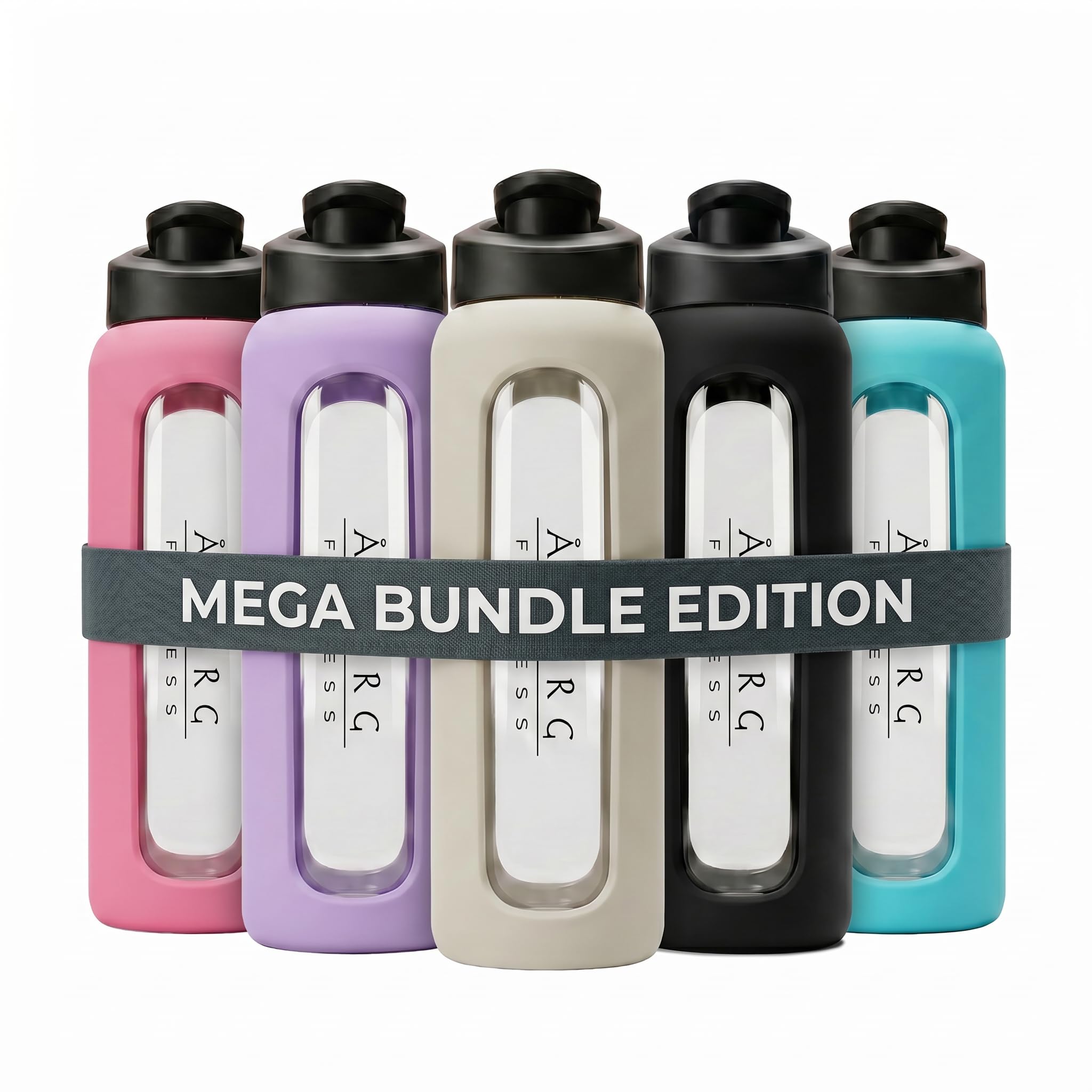 Mega Bundle – Lot de 5 Shakers en Verre 700 ml | Sans BPA | Verre Borosilicaté | Étanches | Avec Bille Mélangeuse | 5 Couleurs