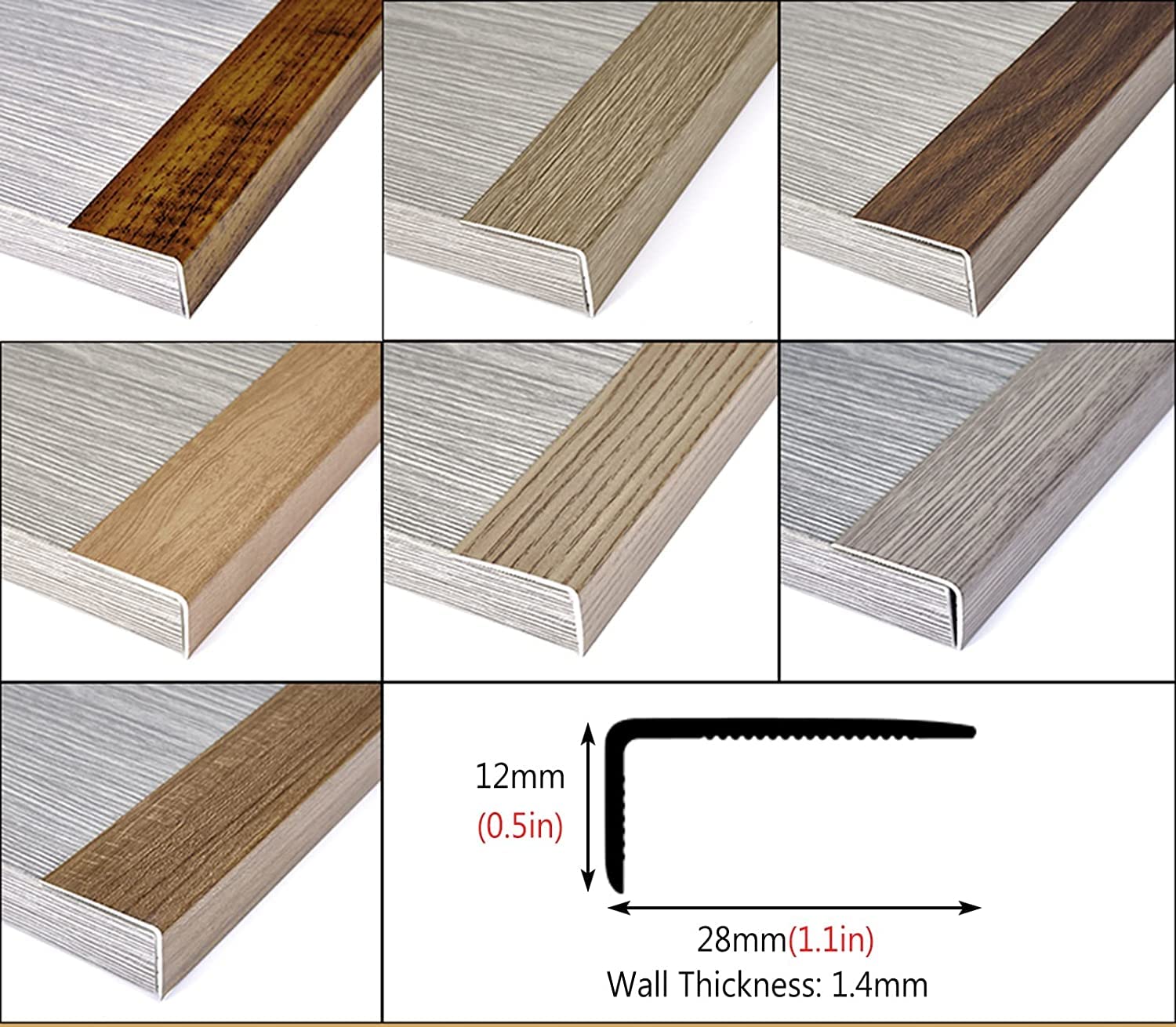 Tira de transición de piso for brecha, nariz de escalera de metal, protector de borde de peldaño antideslizante/tira de transición, acabado de grano de madera de aluminio for el hogar, porche, terraza