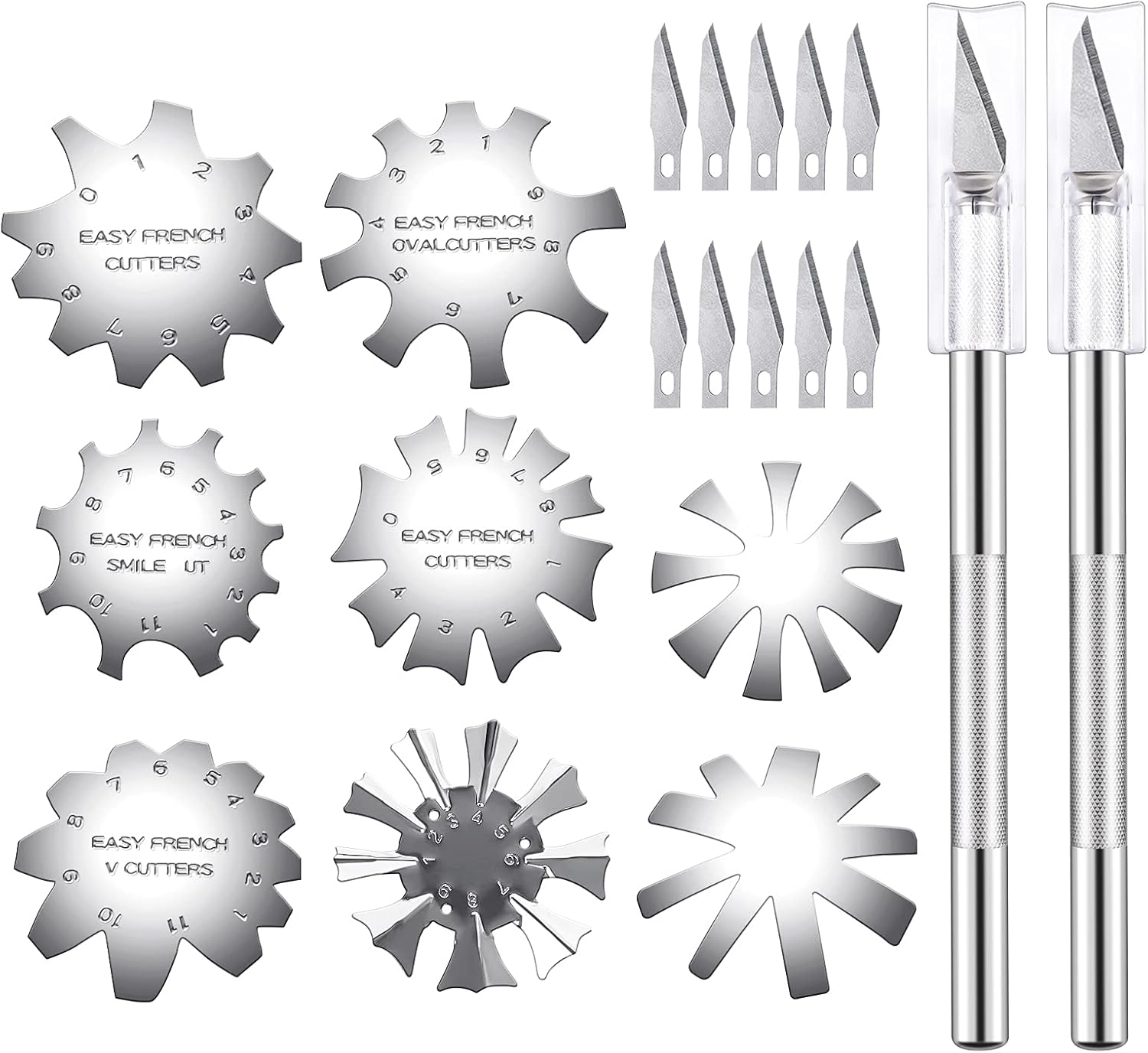 Kalolary 8 Delige Manicure Rand Trimmer Snijder Nagelknipper Franse Nagels V-lijntrimmer Roestvrijstalen Franse Tip Nagelmanicure Randtrimmer Plaatmodule Gemakkelijke Tip Snijders Smile Cut (Zilver)