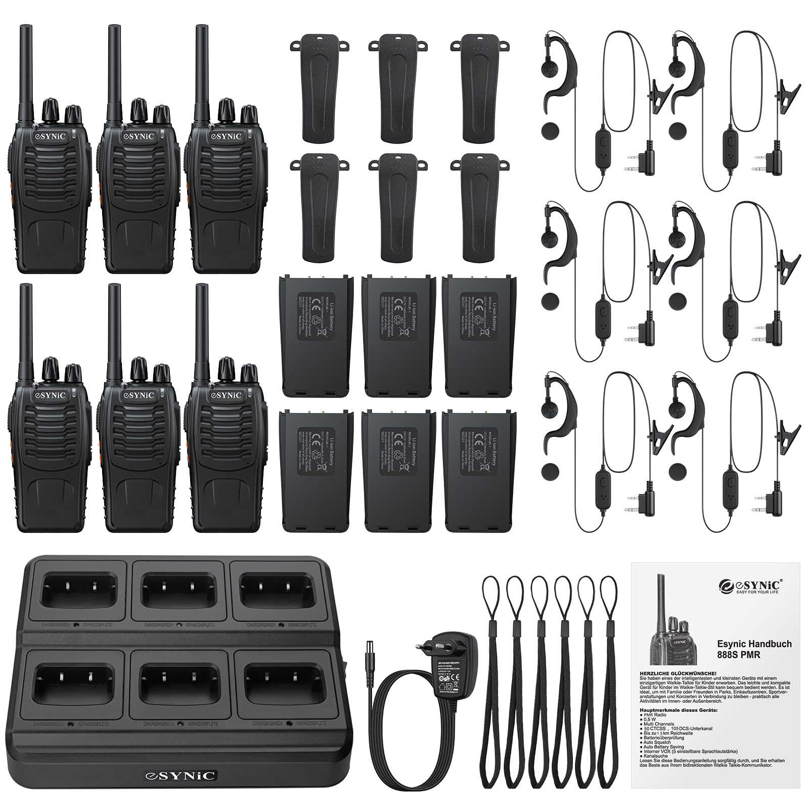ESYNiC 6 Pezzi Walkie Talkie Radio USB Ricaricabile PMR 446MHz VOX Ricetrasmittente Portatile 16 Canali Singola Banda Walkie-Talkie Professionali con Cavo Auricolari Funzione Torcia Elettrica