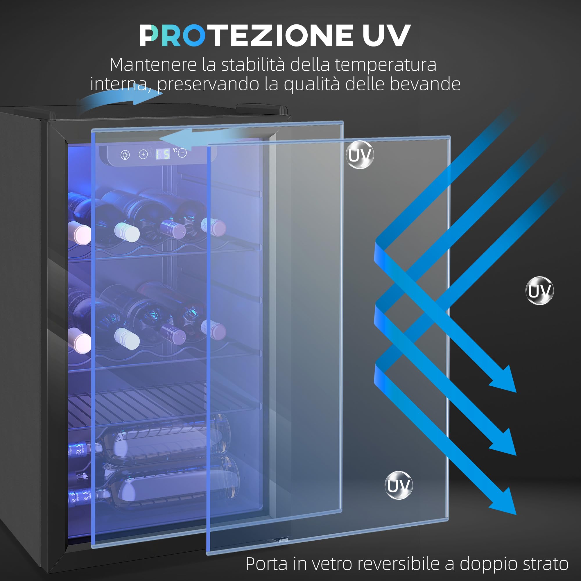 HOMCOM Cantinetta Vino Refrigerata 24 Bottiglie 68L Cantina Vino Silenziosa Temperatura Regolabile 4-16℃ Frigo Vino Bar con Vetro Anti UV, Ripiani, Compressore, Display Touch, Luci LED, Classe F, Nera