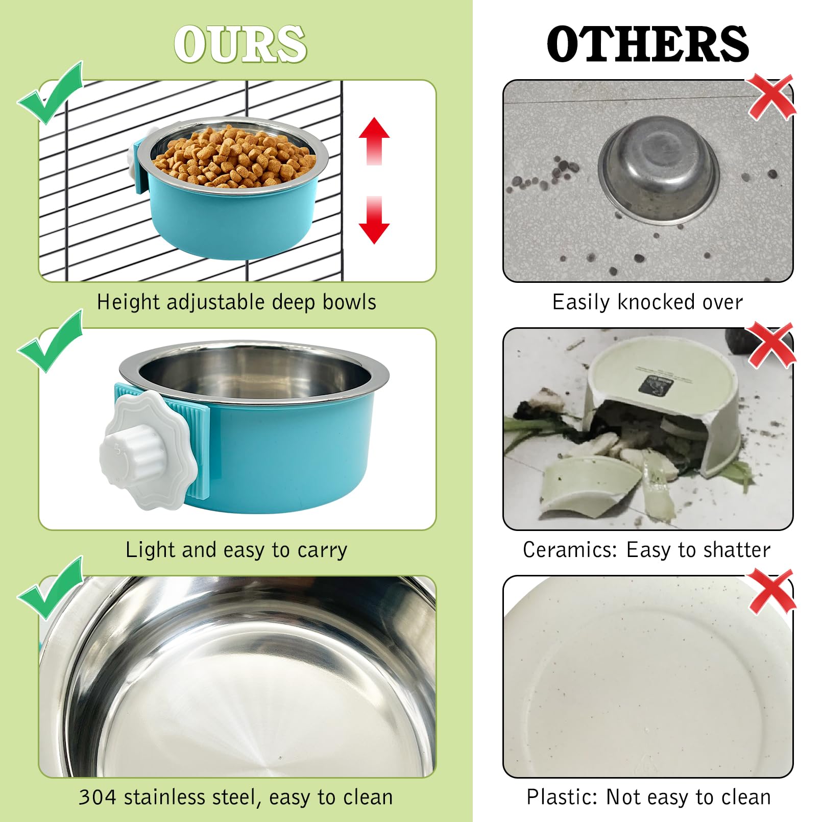 Tfwadmx Hundenapf für Katzen, abnehmbar, Edelstahl, Futter- und Wasser-Futterstation zum Aufhängen, Käfig, mit Reinigungsset für Haustiere, Welpen, Vögel, Ratten, Meerschweinchen, Frettchen,