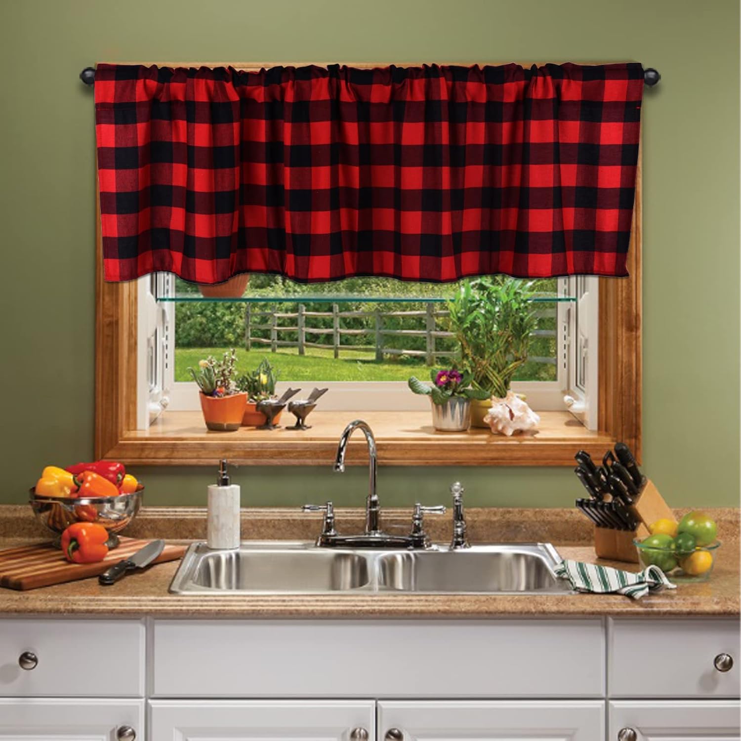 4 Pack Buffalo Plaid Valance,Black and Red Tier Curtain Valances,Farmhouse Design Window Treatment,Rod Pocket Window Curtain for Kitchen Bedroom Living Room Cafe Decor 56'' X 16''