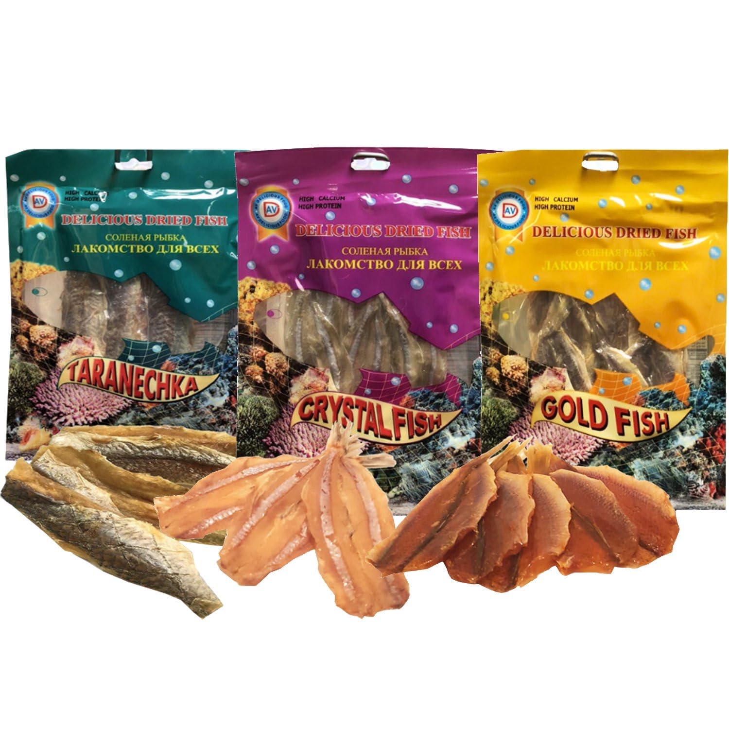 Secrets of Siberia Dried Fish Jerky Snack Set of Taranechka and Crystal and Gold Fish by AV Delicious 90g/3.17oz each