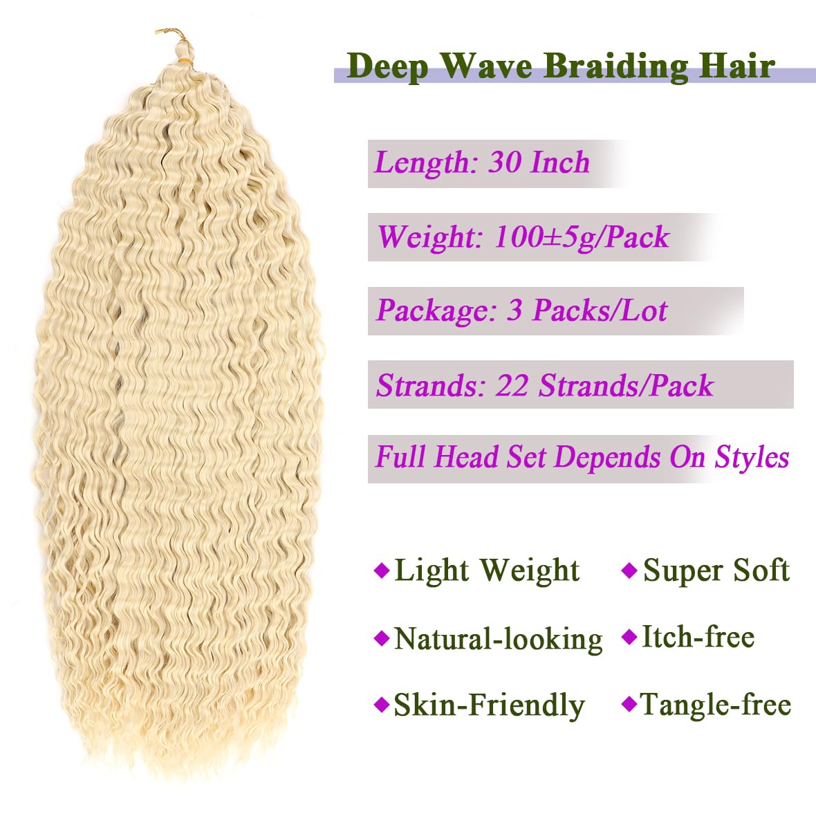 Kachanaa 30 Inch Ocean Wave Crochet Hair Synthetic Crochet Braiding Hair for Boho Box Braids 3 Pack Blonde Deep Wave Curly Braiding Hair Extensions for Goddess Braids /613# - Image 4