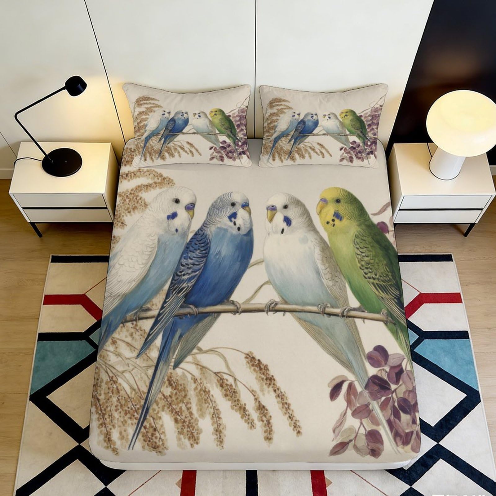 3D Printed Parrot Birds Fitted Sheet Microfiber Colorful Branches Mattress Cover Bedroom Decor Machine Washable 90x200x25cm