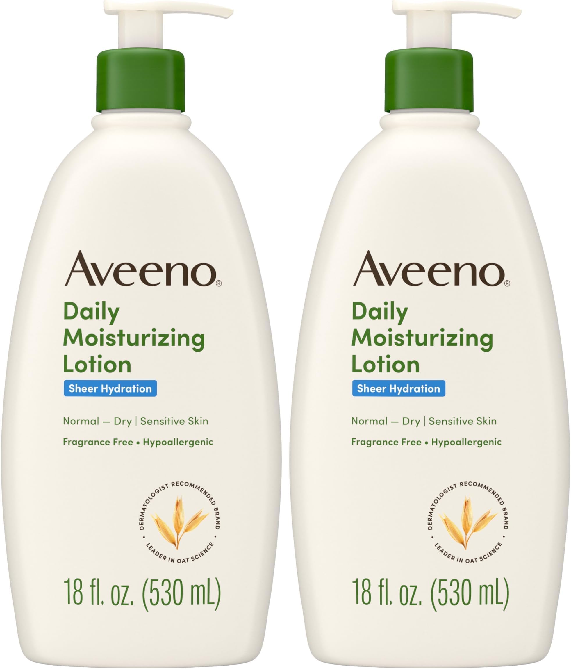 Aveeno Sheer Hydration Daily Moisturizing Fragrance-Free Lotion with Nourishing Prebiotic Oat, Fast-Absorbing Body Moisturizer for Dry Skin with Lightweight, Breathable Feel, 18 fl. oz (Pack of 2)