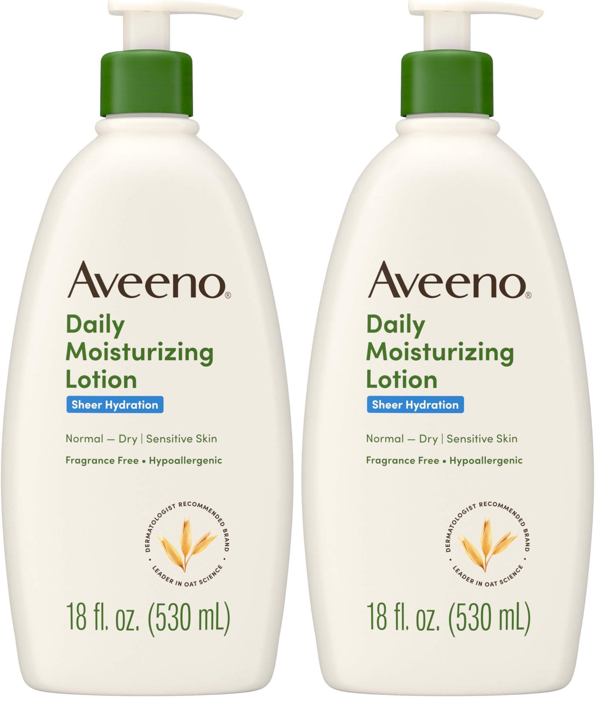 Sheer Hydration Daily Moisturizing Fragrance-Free Lotion with Nourishing Prebiotic Oat, Fast-Absorbing Body Moisturizer for Dry Skin with Lightweight, Breathable Feel, 18 fl. oz (Pack of 2)