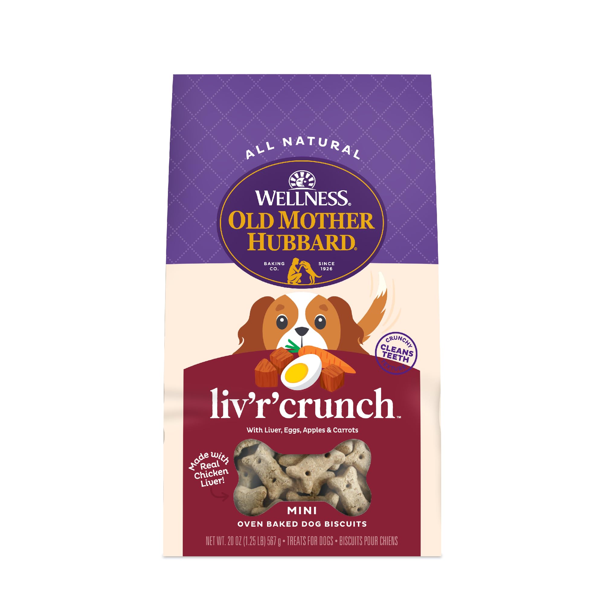 Old Mother Hubbard Wellness Liv'R'Crunch Dog Biscuits, Natural, Training Treats, Chicken Liver, Oats, Apples, Carrots, & Eggs Flavor, Mini Size, (20 Ounce Bag)