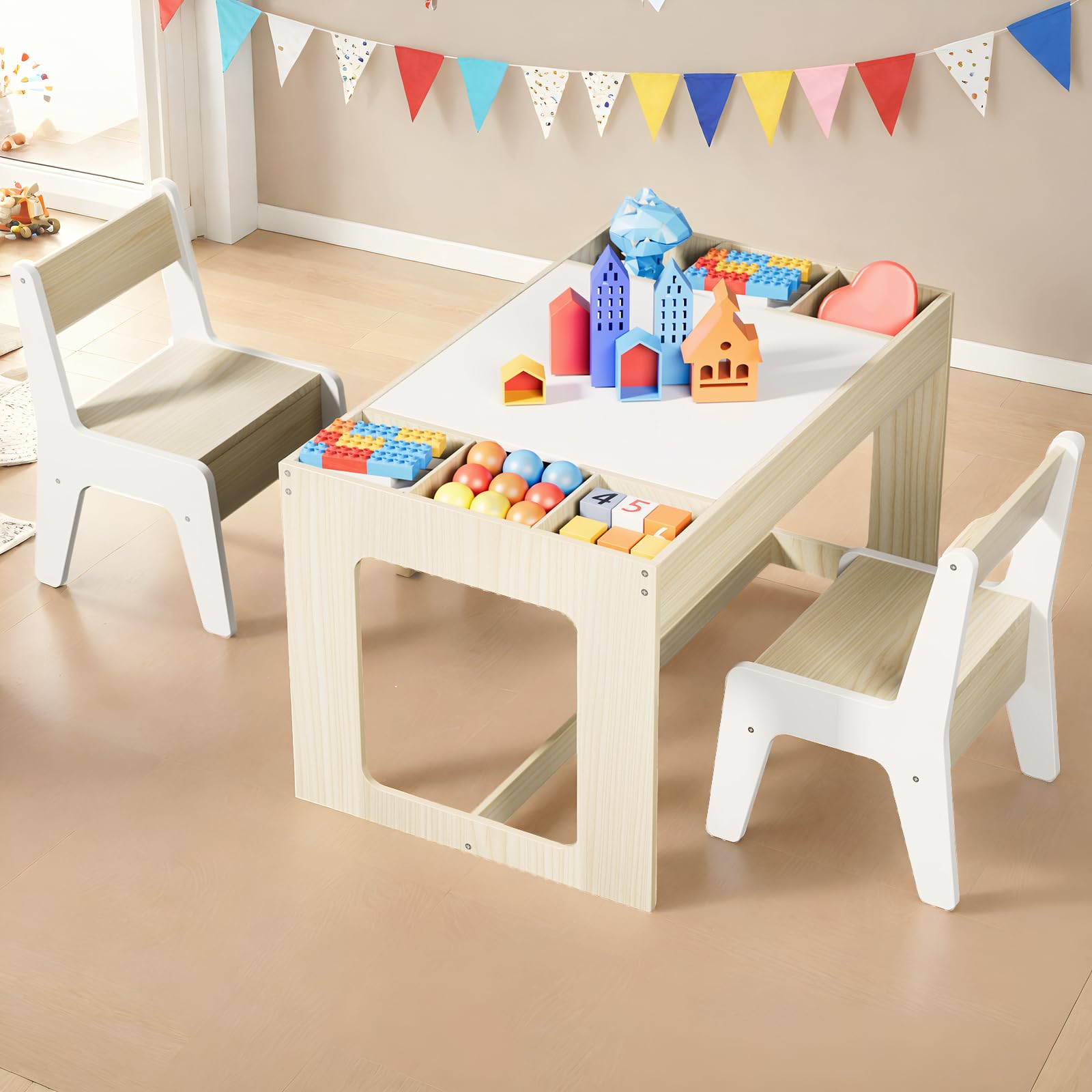 Arlopu Kids Table and Chair Set, 3 in 1 Wooden Activity Desk w/Blackboard, Storage Space, 2 in 1 Removable Tabletop, Toddler Drawing, Reading, Playing, Art Craft, for Nursery, Playroom (Natural)