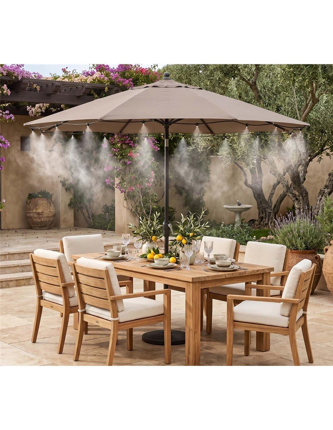 JARDIN202 - Kit Nebulizador de agua para Terraza, Pergola, Patio, Jardin o Invernadero | Boquillas de latón antical | 7 Boquillas | 30m (Gris)