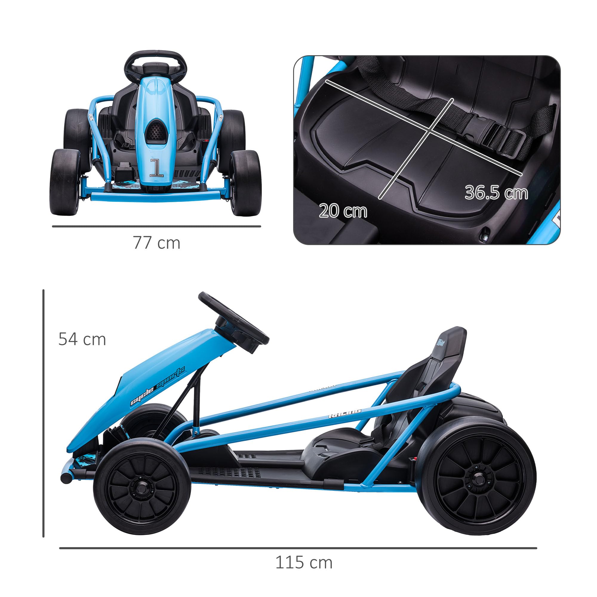 HOMCOM Go Kart Elettrico per Bambini 8-12 Anni 24V 6-13km/h Blu e Nero