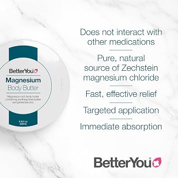 BetterYou Magnesium Body Butter - Dry Skin Moisturizer - Leaves Skin Smooth And Soft - With Shea Butter, Magnesium Chloride And Zinc - 6.76 oz