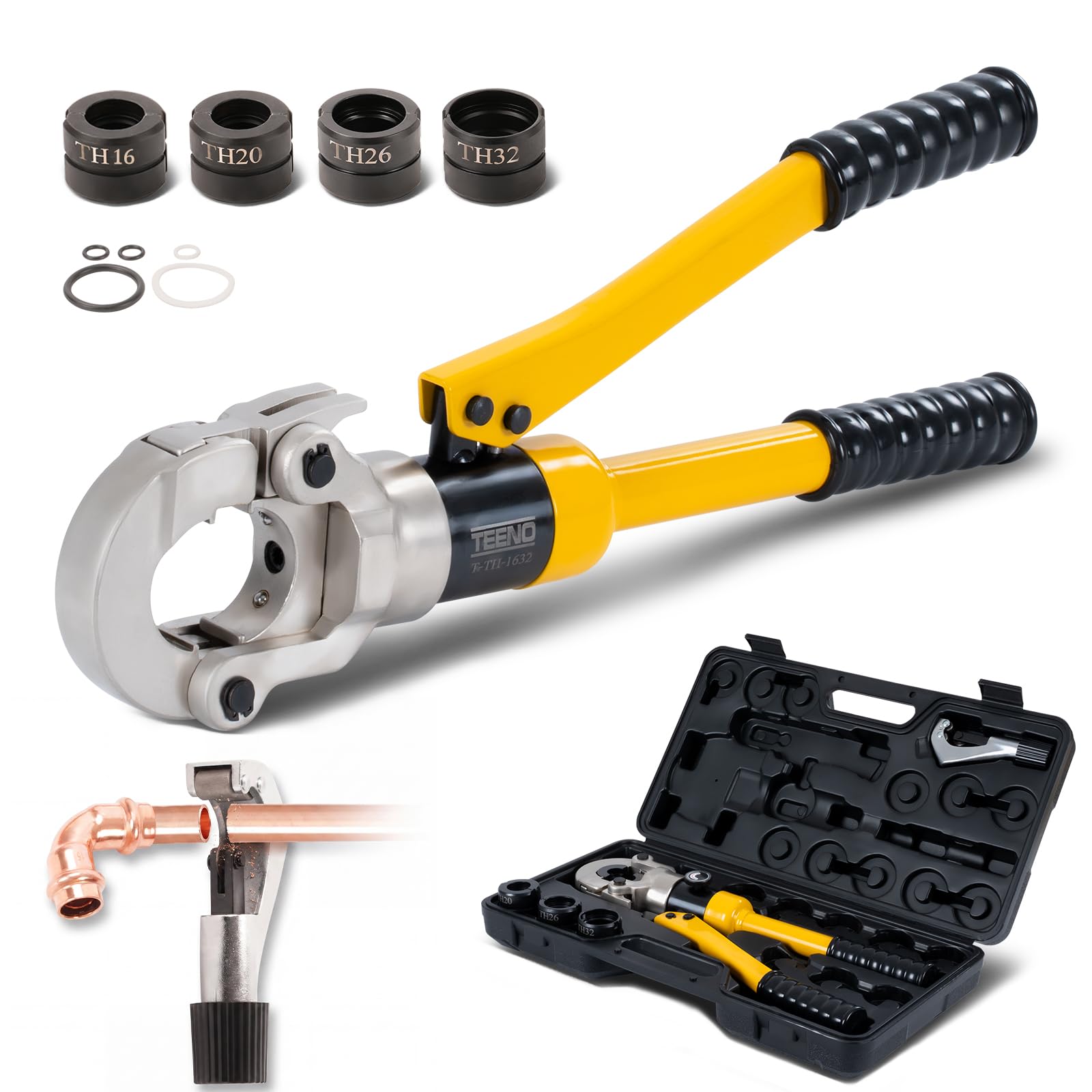 Alicates Prensadores de Tuberías TEENO(100 kn), Prensa Multicapa Manual con Cortatubos, Crimpadora Hidráulica Multicapa para tubo compuesto con accesorios de contorno TH16, TH20, TH26, TH32, 360°