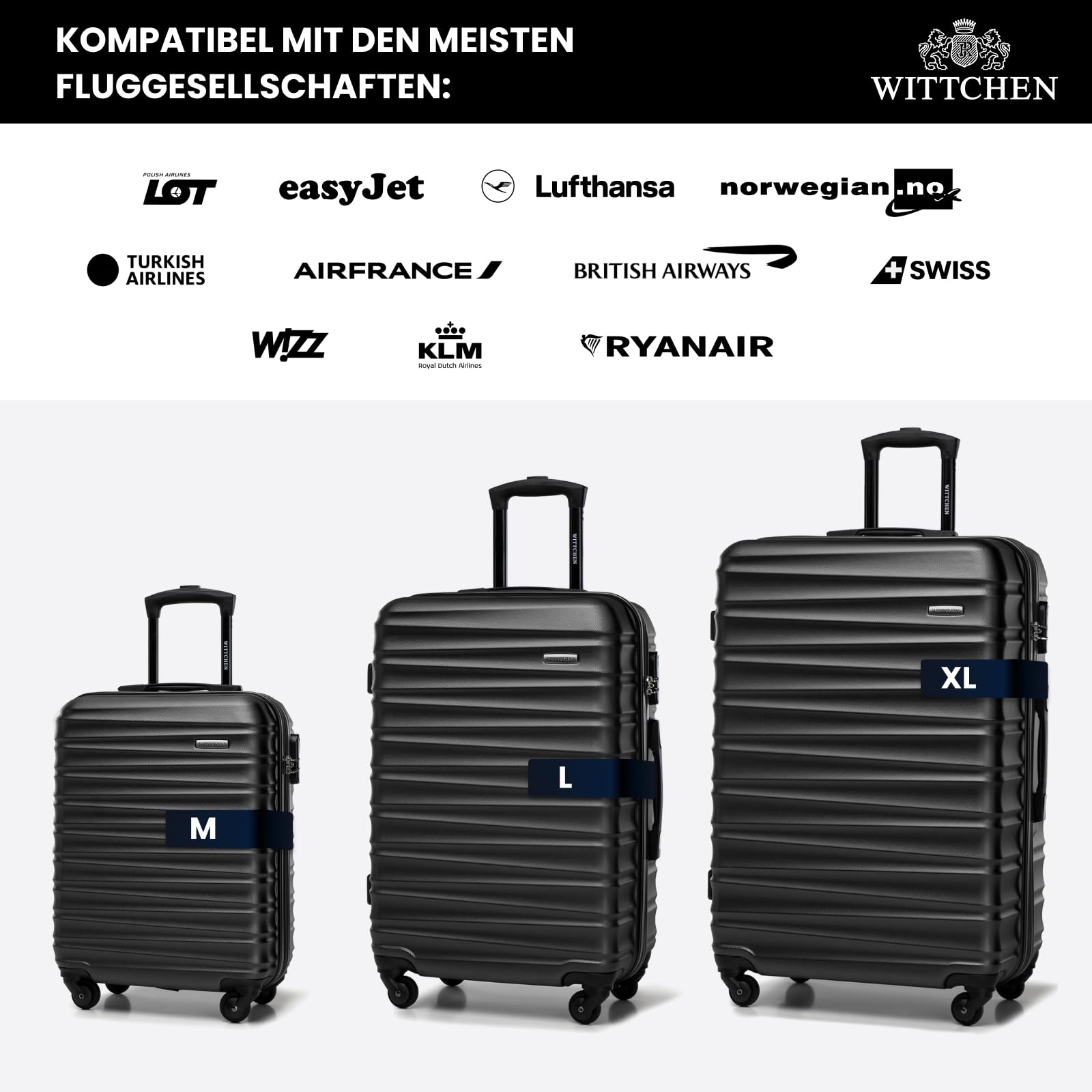 WITTCHEN Reisekoffer Hartschale ABS Große L Check-In Gepäck 4 Spinner-Rollen Zahlenschloss Groove Line Schwarz