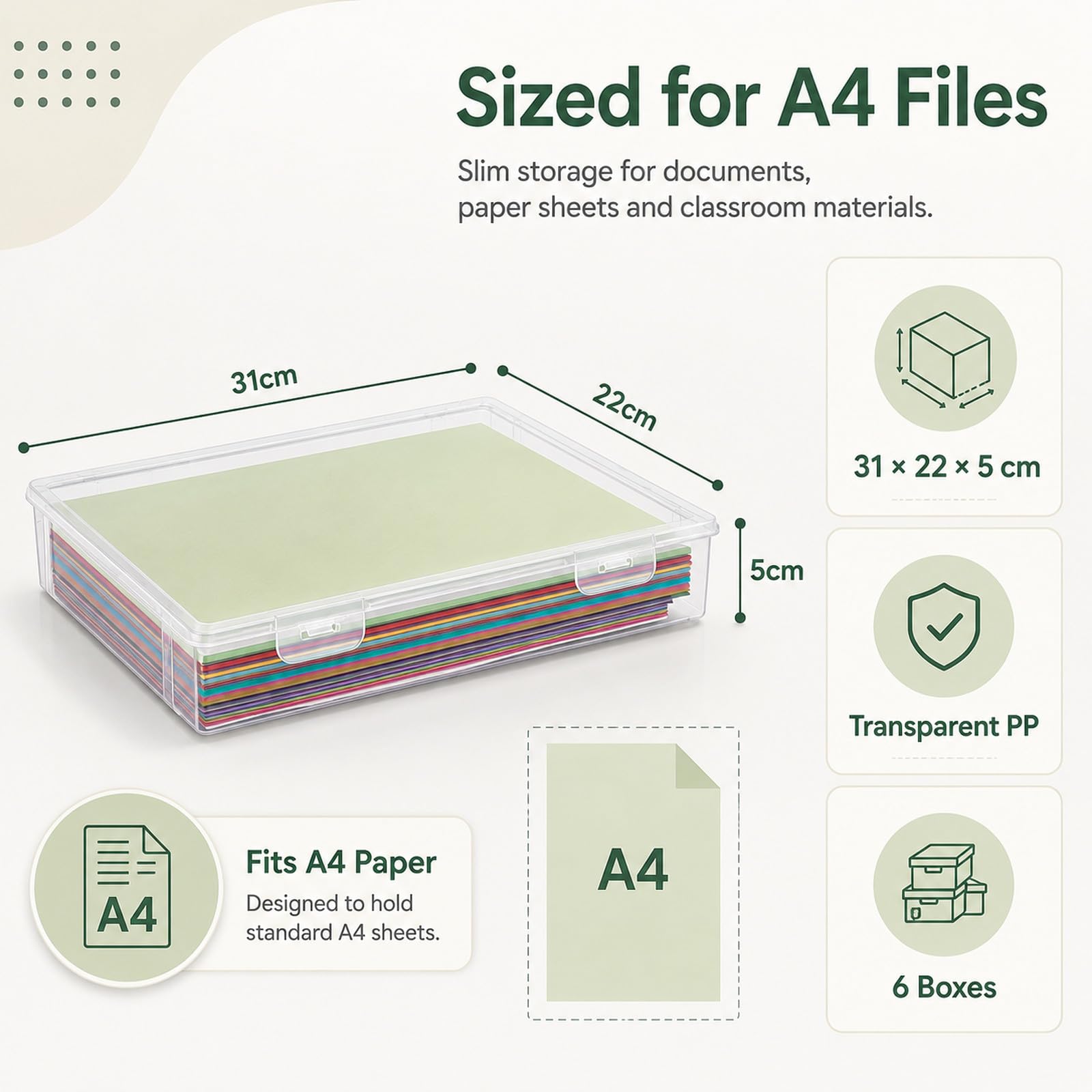 lot de 6 Boite archive A4 en plastique, boites de rangement documents 31 x 22 x 5 cm, boite transparente a4, boites plastique PP pour bureau, école et maison