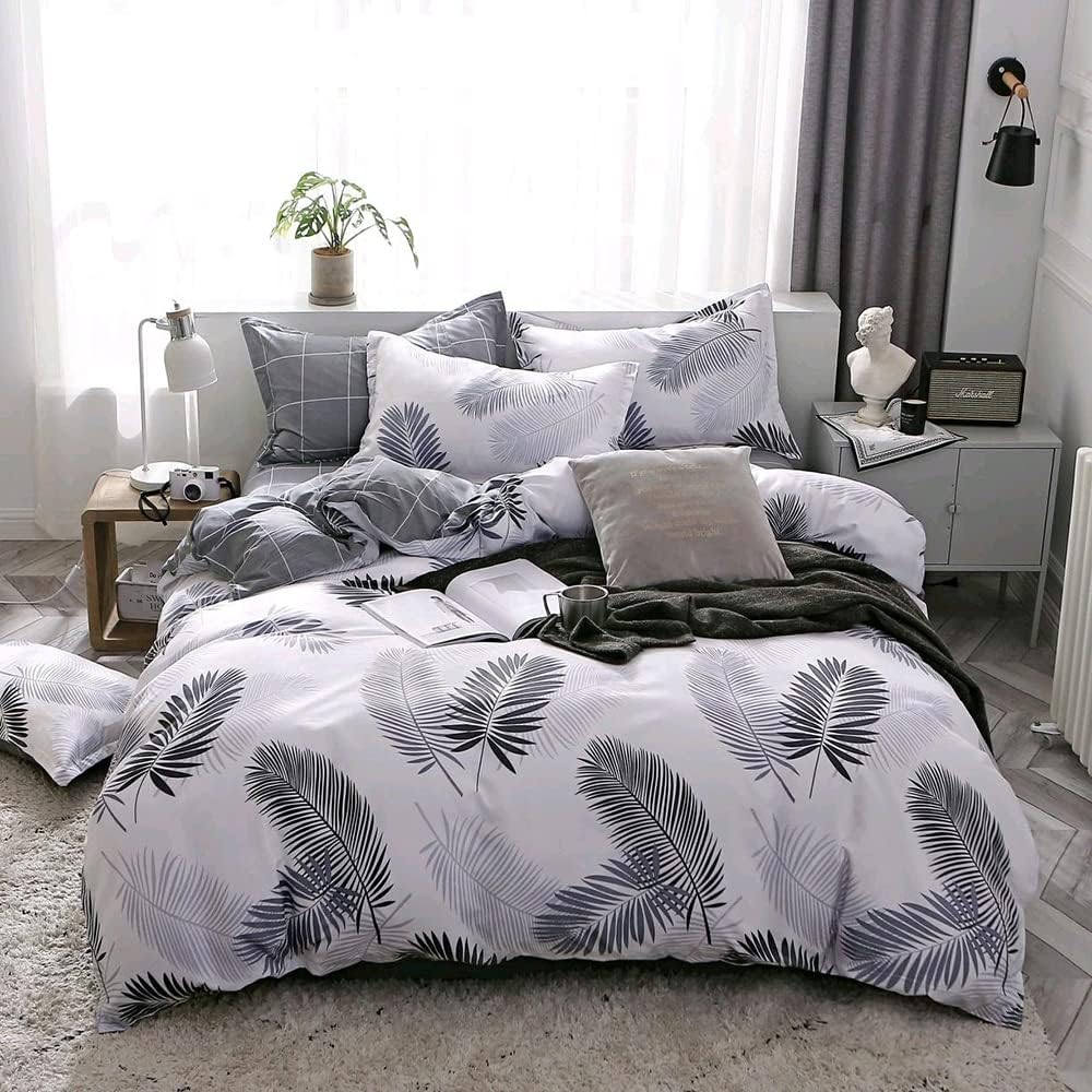 Duvet cover queen size 4pcs bedding leaves comforter covers sets white for king bed comforter cover reversible and breathable bedding covers sets (style 3, queen)