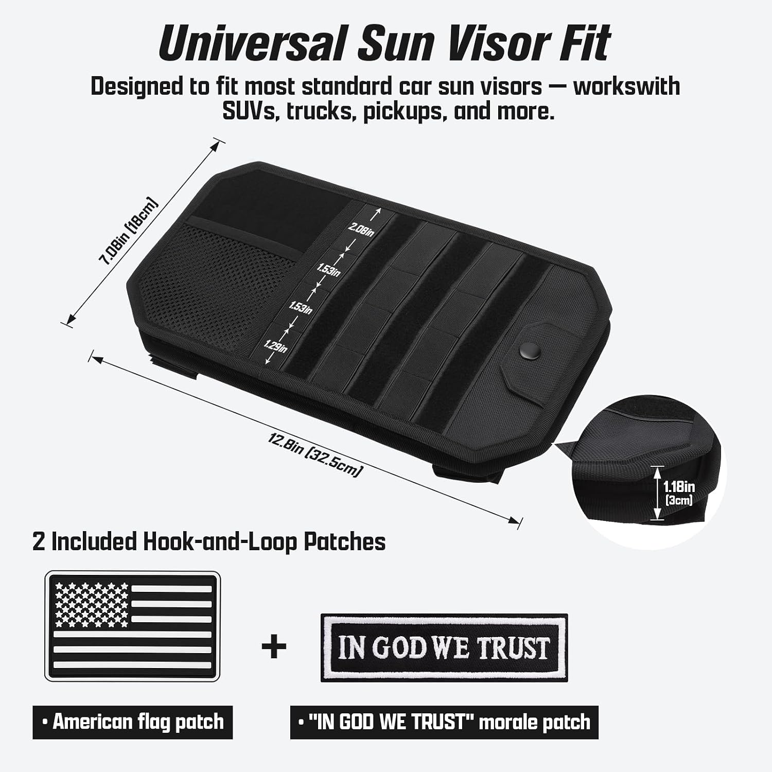 Car Sun Visor Organizer, MOLLE Sun Visor Organizer with Sunglasses Holder, Tactical Panel, Zipper Pockets & Card Slots, Universal Visor Storage Organizer for Cars SUVs Trucks Patrols Vans