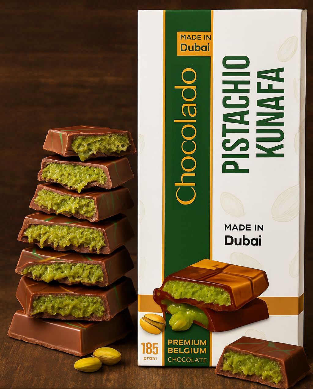 Chocolado Dubai Pistachio Kunafa Chocolate Bar (The Original), Premium Milk Chocolate, Golden Kadayif Crisps, Hand-Harvested Pistachios - Imported from DUBAI UAE , Ideal Gift for all Occasions, 100% Original Taste! (LARGE-6.53 oz)