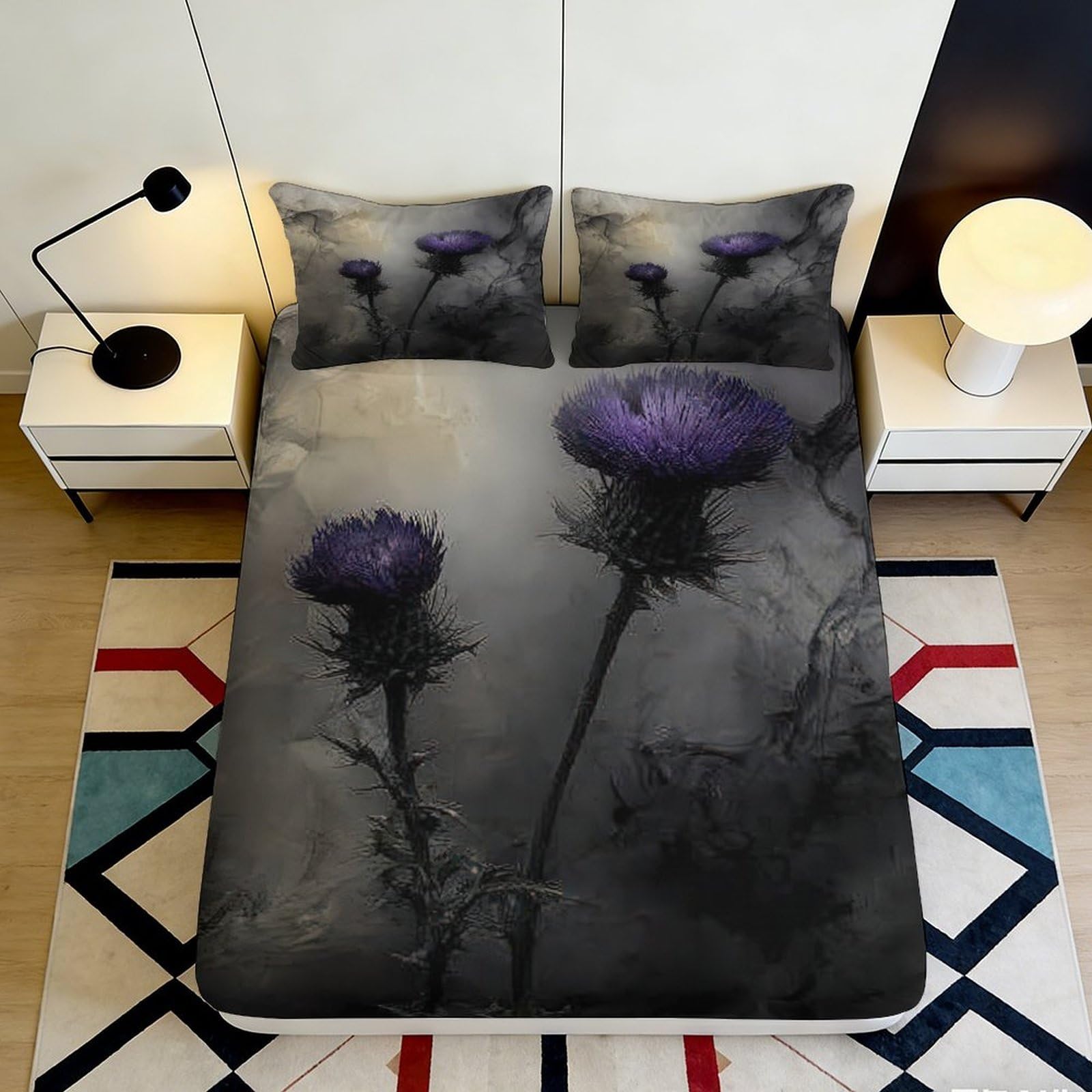 Pnayamiorkfel Style-5 3D Printed Thistle Art Fitted Sheet Microfiber Soft Purple Botanical Mattress Cover For Bedroom Guest Room Decor 90X200x25cm