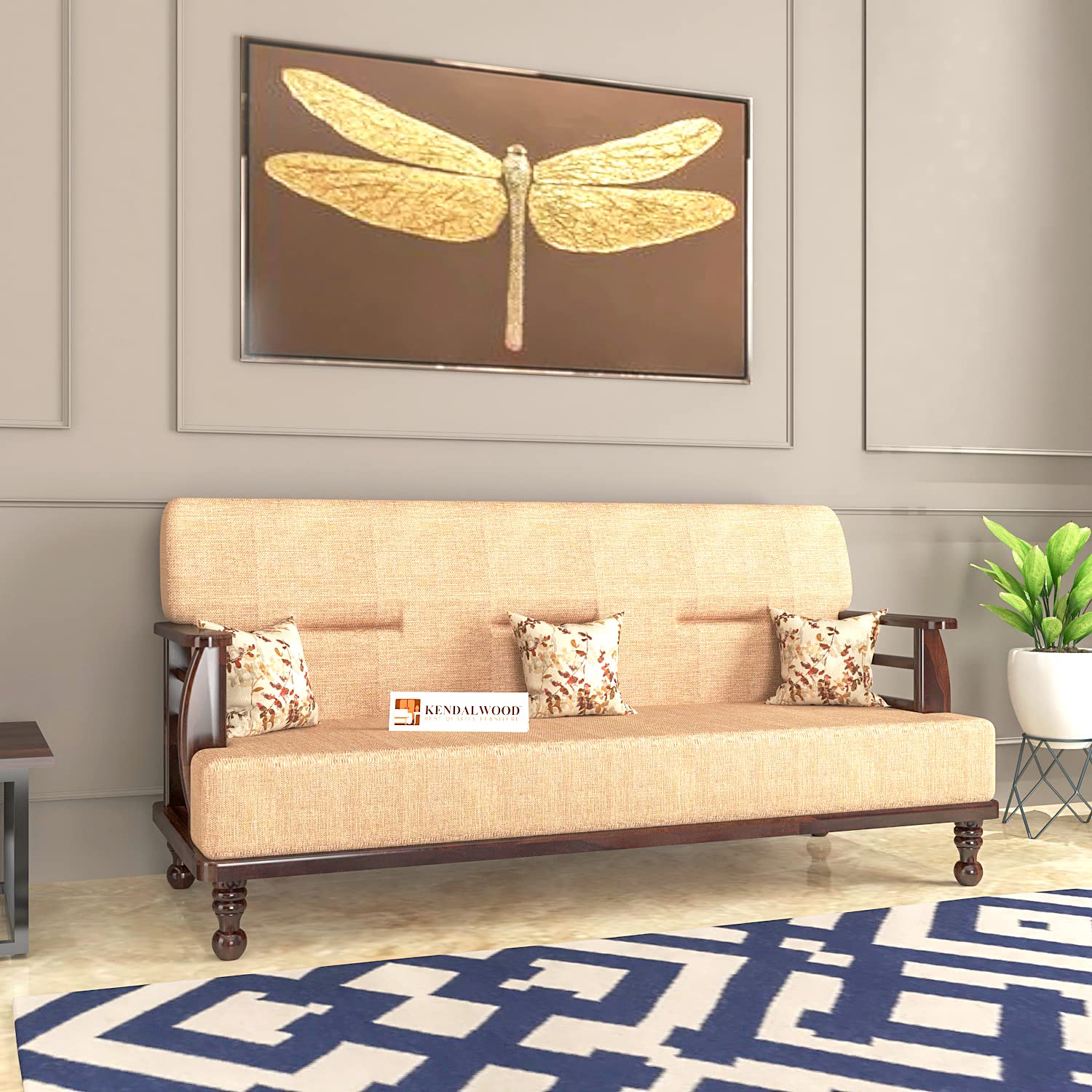 KENDALWOOD™ Furniture Solid Wood 3 Seater Wooden Sofa Set for Living Room Furniture Fabric 3 Seater Sofa (Finish Color:- Walnut Finish with Cream Cushions)