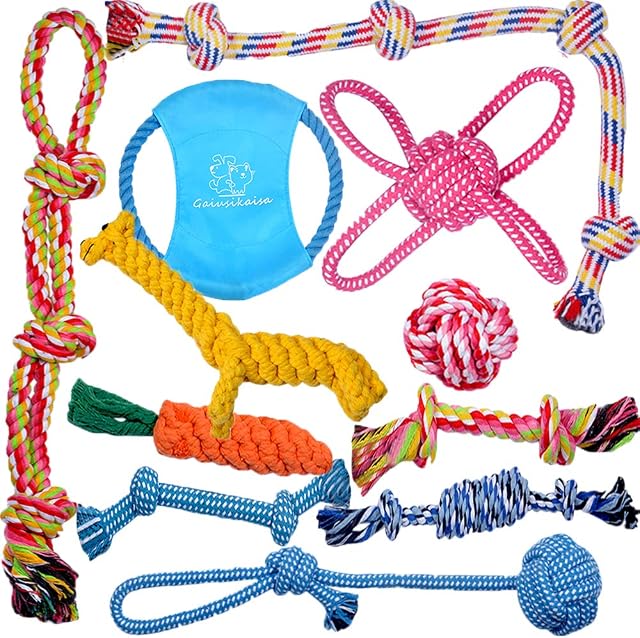 GaiusiKaisa XL Tough Dog Toys (11pcs) for Small Medium to Large Breed Puppies and Dogs - Durable 100% Natural Cotton Ropes - Dog Toy Ropes - Interactive Toy for Chewing, Playtime, Tugging