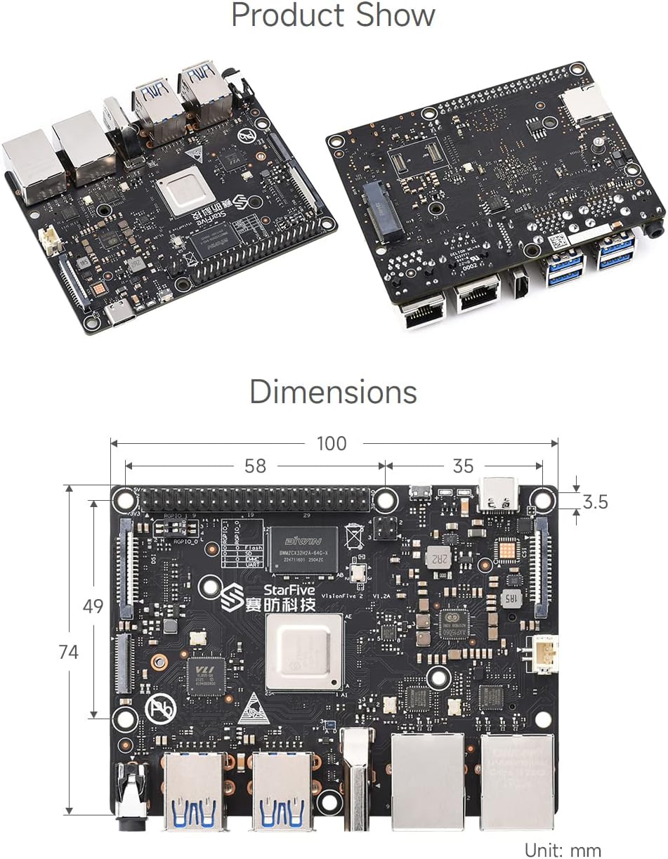 waveshare VisionFive2 RISC-V Single Board Computer, StarFive JH7110 Processor with Integrated 3D GPU, 8GB Memory, with WiFi Module