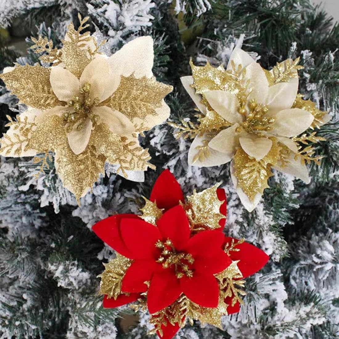 10 x Christmas Glitter Flowers with 12 Poinsettia Artificial Christmas Tree Decorations, Blue, Medium