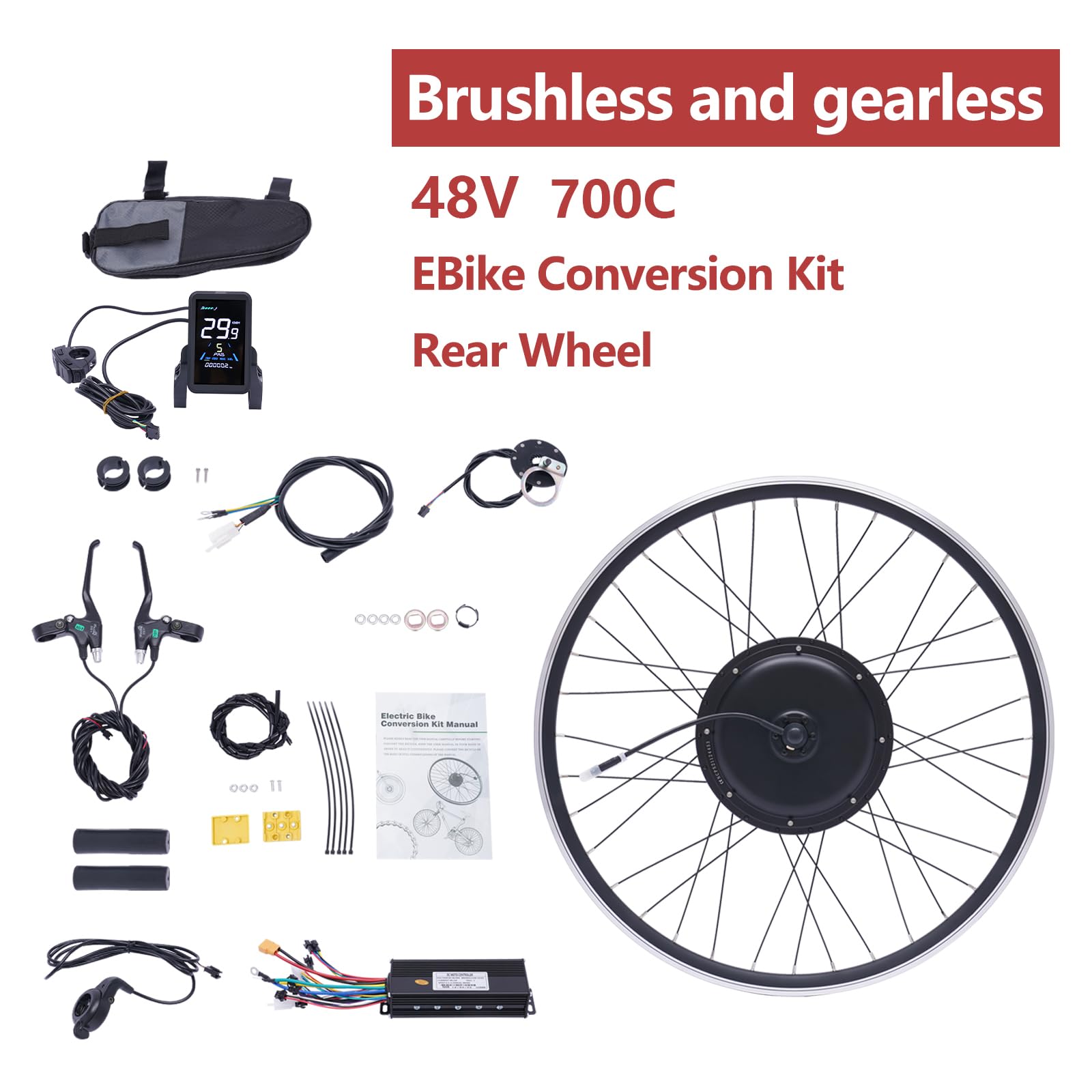 28" & 29" E-Bike Umbausatz 1000 Watt Fahrrad Motor Kit Elektro Hinterrads Brushless Nabenmotor Kits Electric Bike Conversion Kit mit LCD Display (für HL Plus 48V 13Ah Akku)
