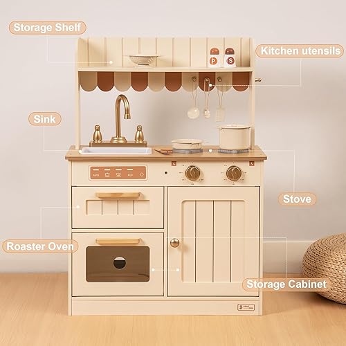Miniatura 9 de ROBUD Juego de cocina de madera para niños, juego de juguetes de cocina con grifo dorado, fregadero, horno, estufa, gabinete, estilo vintage, regalo
