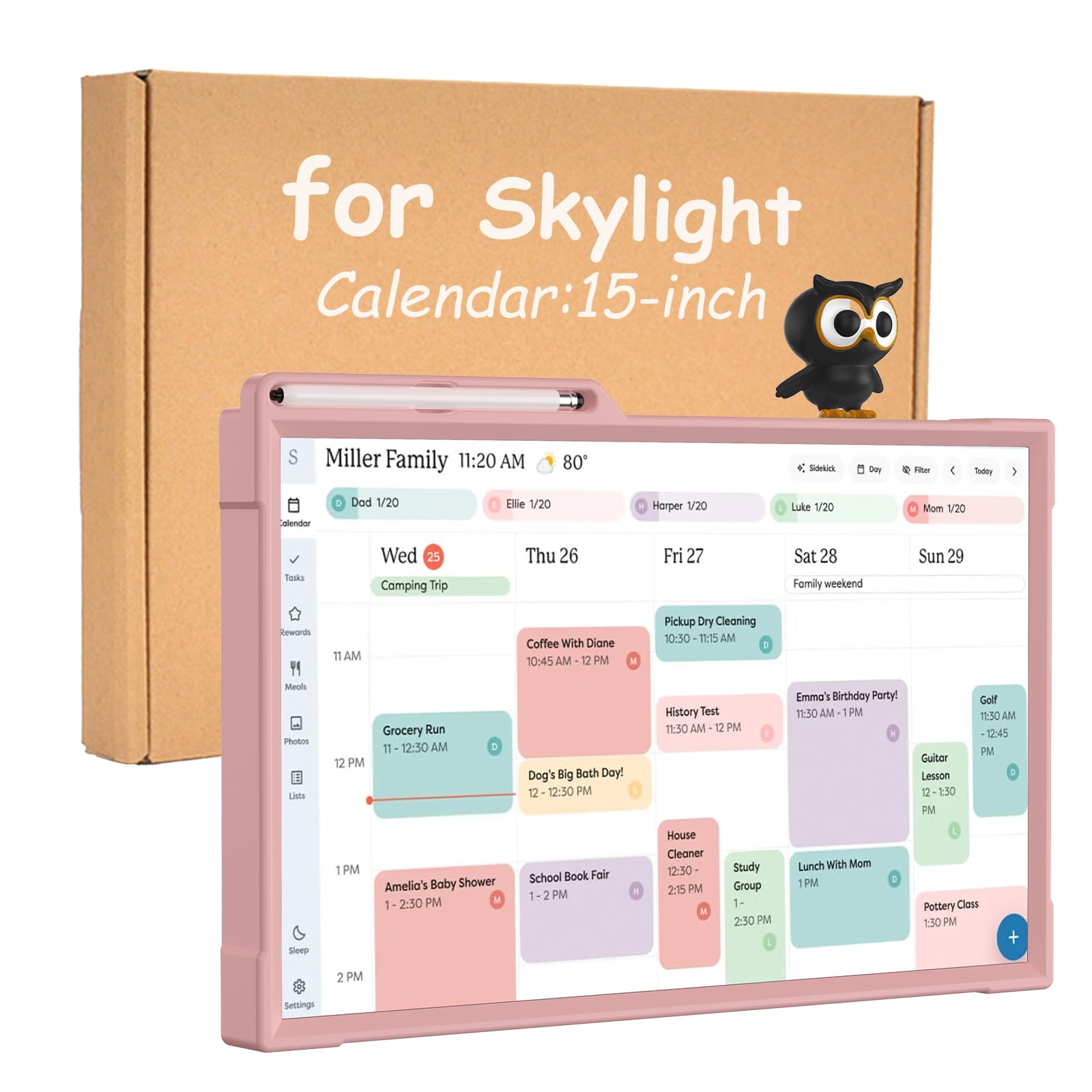 Calendar Frame Case for 15 Inch Skylight Calendars with Owl Design, Stylus Pen and 4 Pen Heads Included in Calendar Protector (Pink)