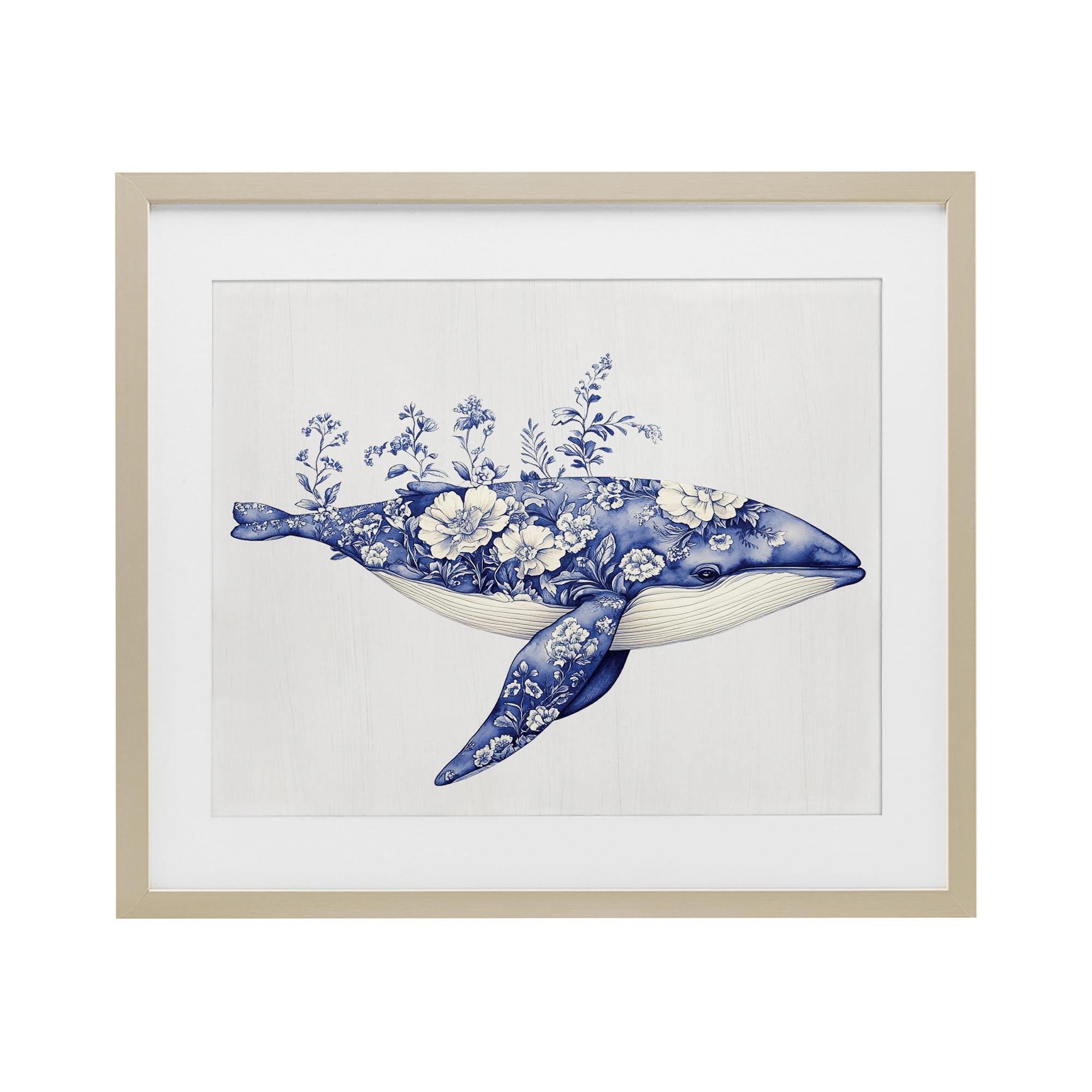 Blooming Toile Whale Nautical, 17 x 21 Inch Framed Print Under Glass
