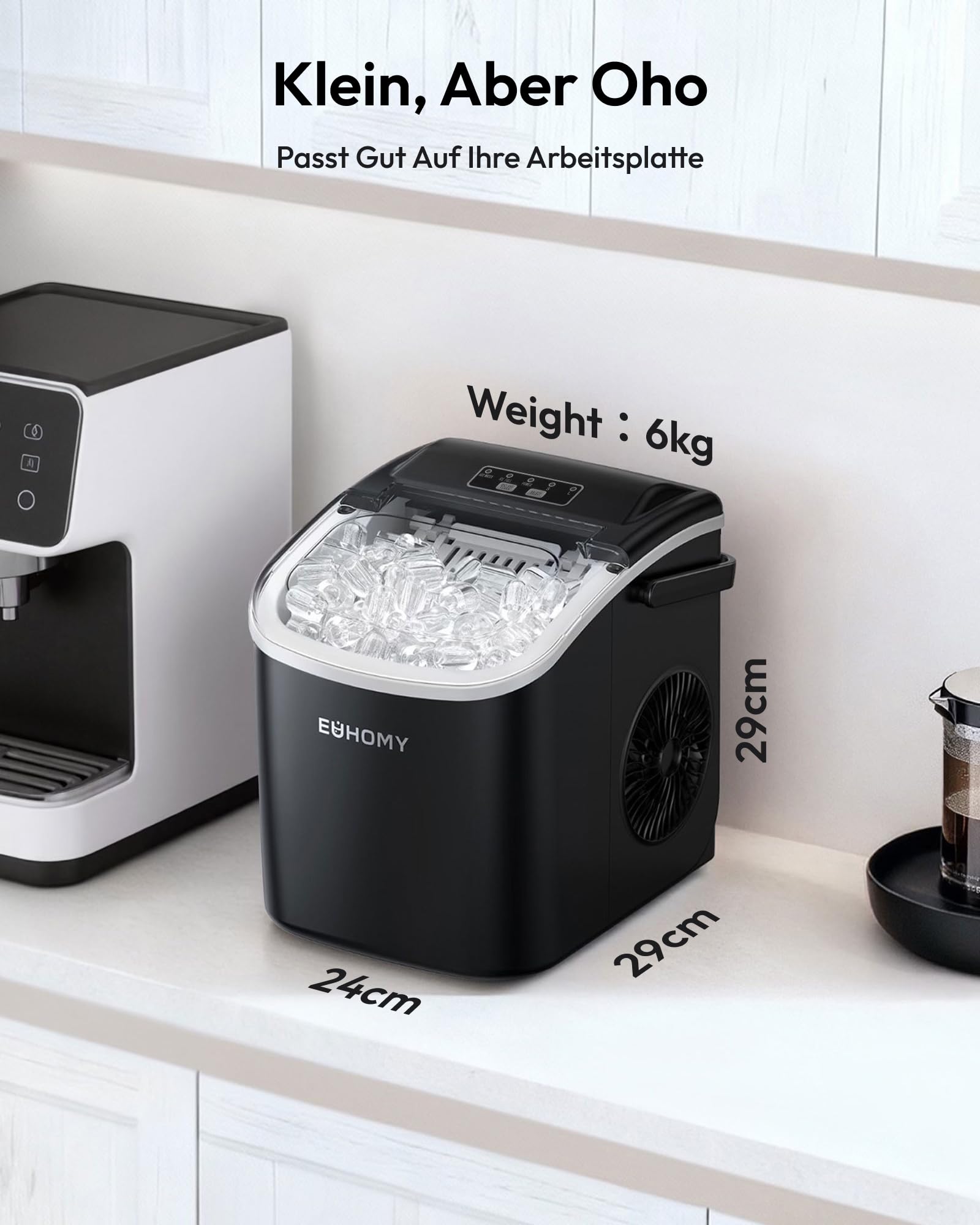 EUHOMY Eiswürfelmaschine 12KG Ice Maker Selbstreinigend Schwarz Tragbarer Griff