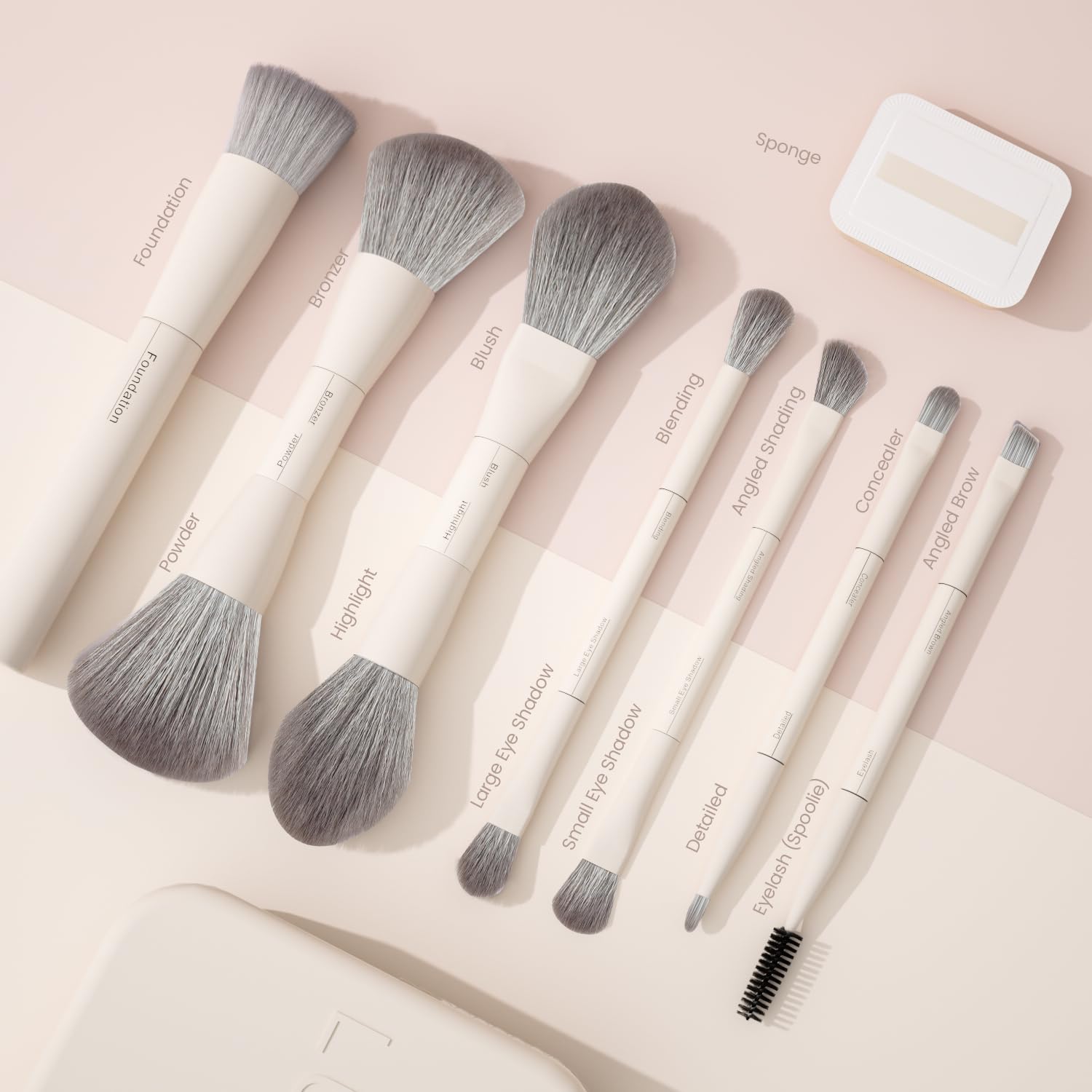 LULUCOLORS 13 in 1 Dual Ended Makeup Pinsel Set mit Schwamm & Reiseetui - 7 Multifunktionspinsel für Gesicht & Augen - Weiche Borsten, Holzgriffe - Erhältlich in Creme, Grün oder Rosa (Cremeweiß)