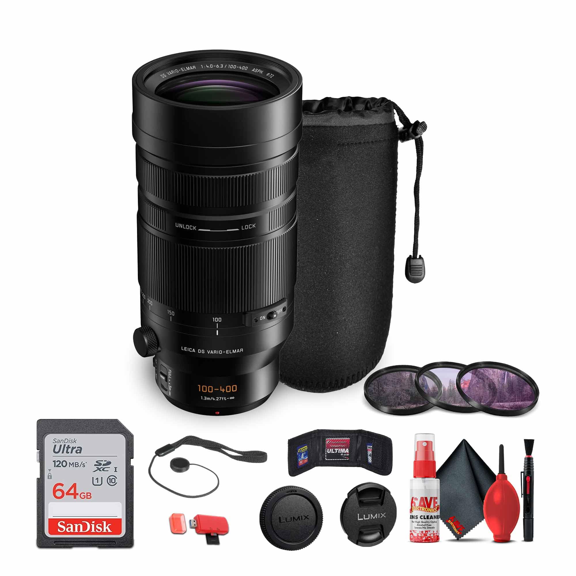 Panasonic Leica DG Vario-Elmar 100-400mm f/4-6.3 Power Lens (H-RSA100400) Bundle Including: 64 GB Memory Card, 3-Piece Filter Kit, Lens Pouch, Lens