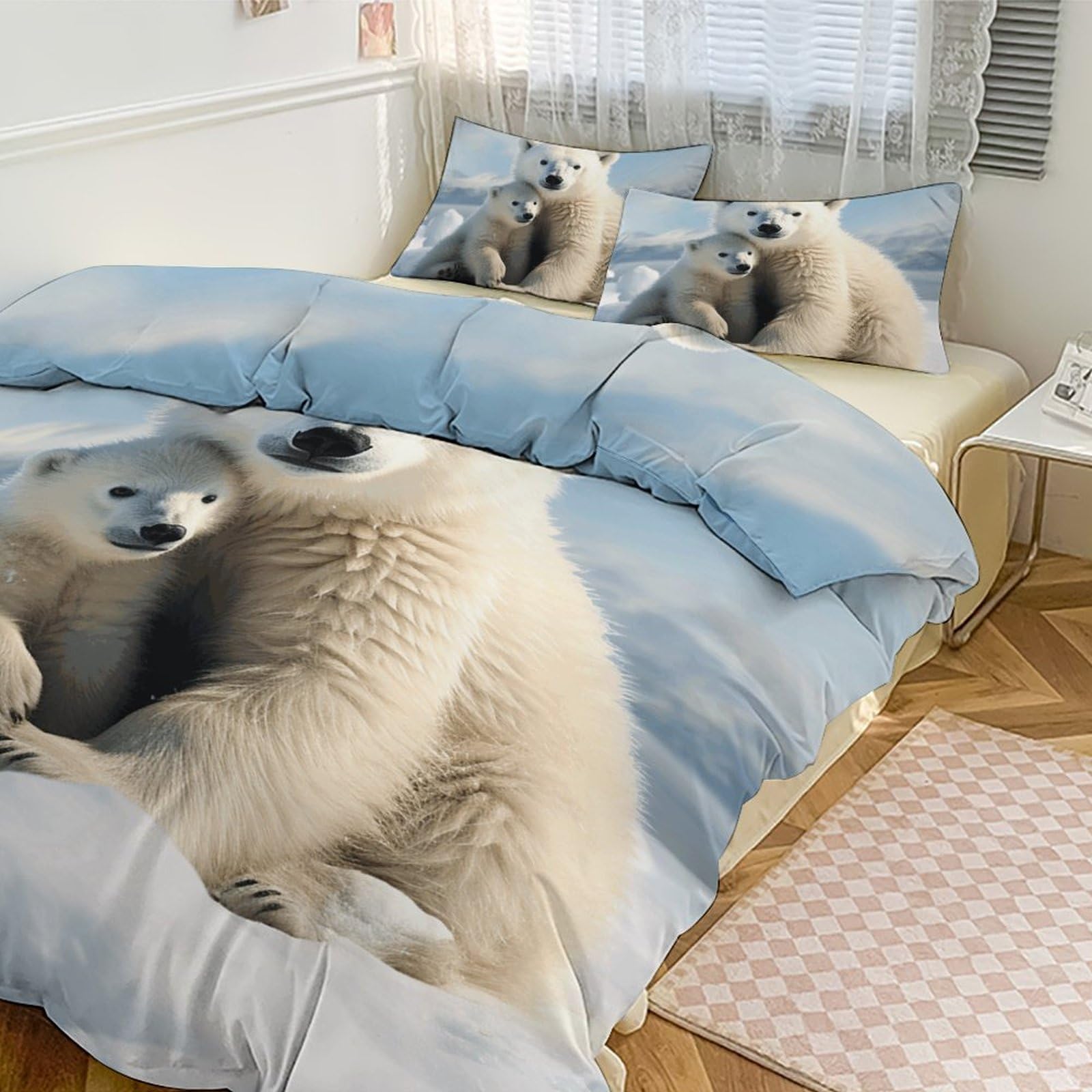 Parure de lit 3 pièces grand lit motif ours polaire pour chambre