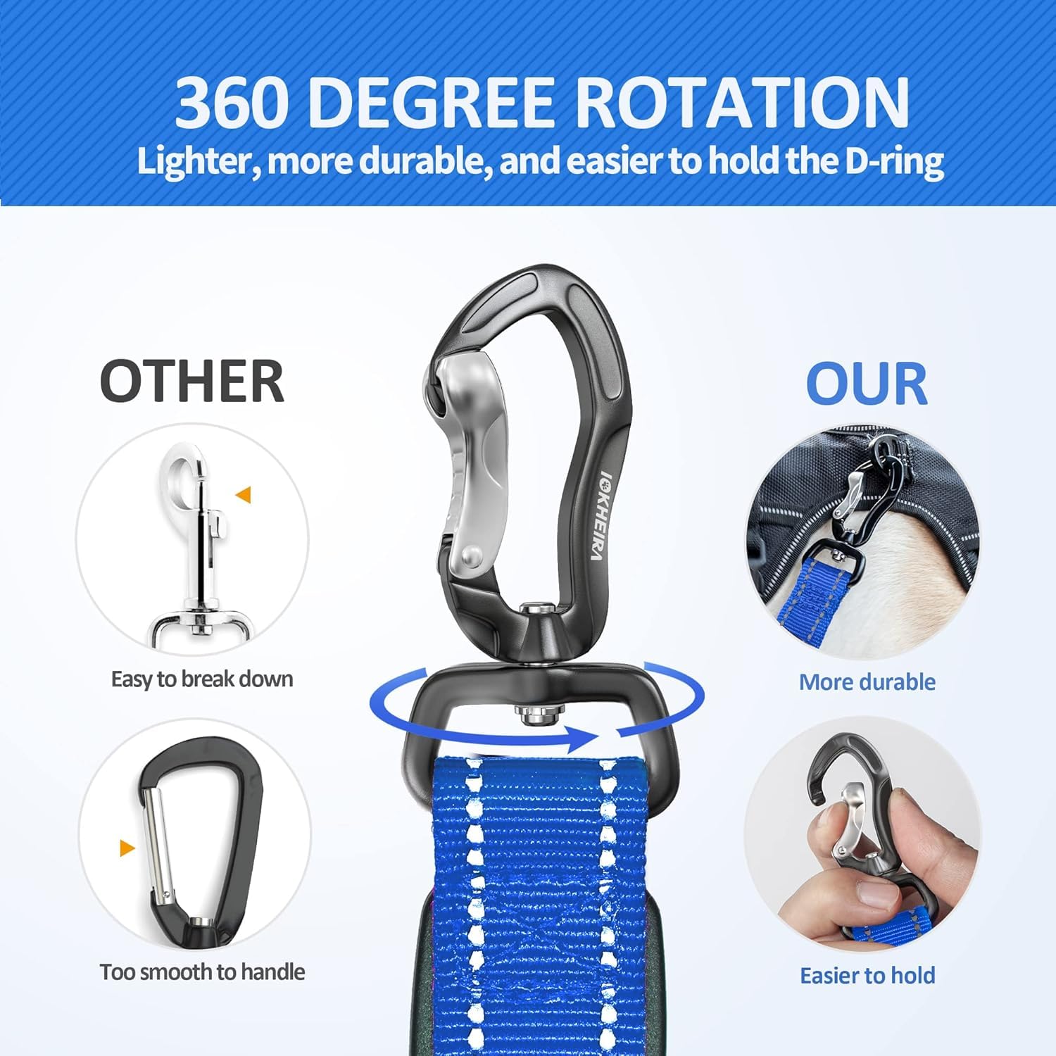 Iokheira - Guinzaglio per cani, resistente, ammortizzante, con due manici imbottiti e fibbia per cintura di sicurezza auto, guinzaglio regolabile per cani di taglia piccola, media e grande (blu)