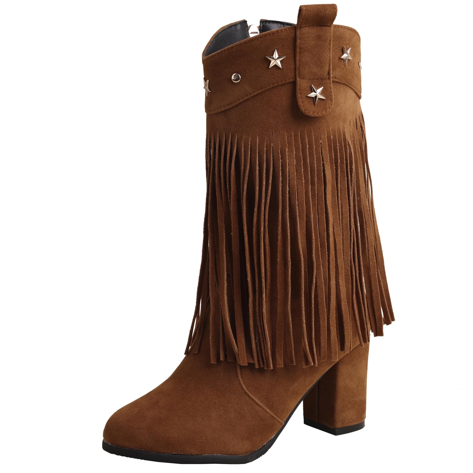 Womens Solid Color Zipper Mid Calf Boots Block Heel Tassel Boots
