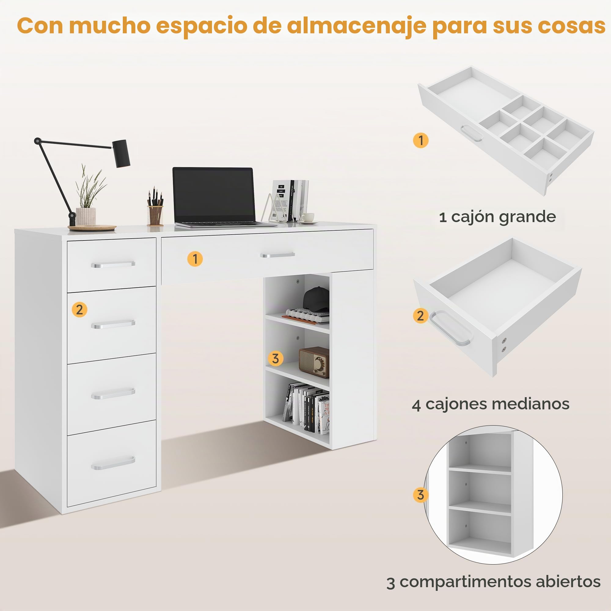 SONNI Escritorio, mesa de ordenador, mesa de oficina, tocador multifunción con 5 cajones y 3 compartimentos, mesa de trabajo moderna y escritorio infantil con espacio de almacenamiento, mesa, blanco