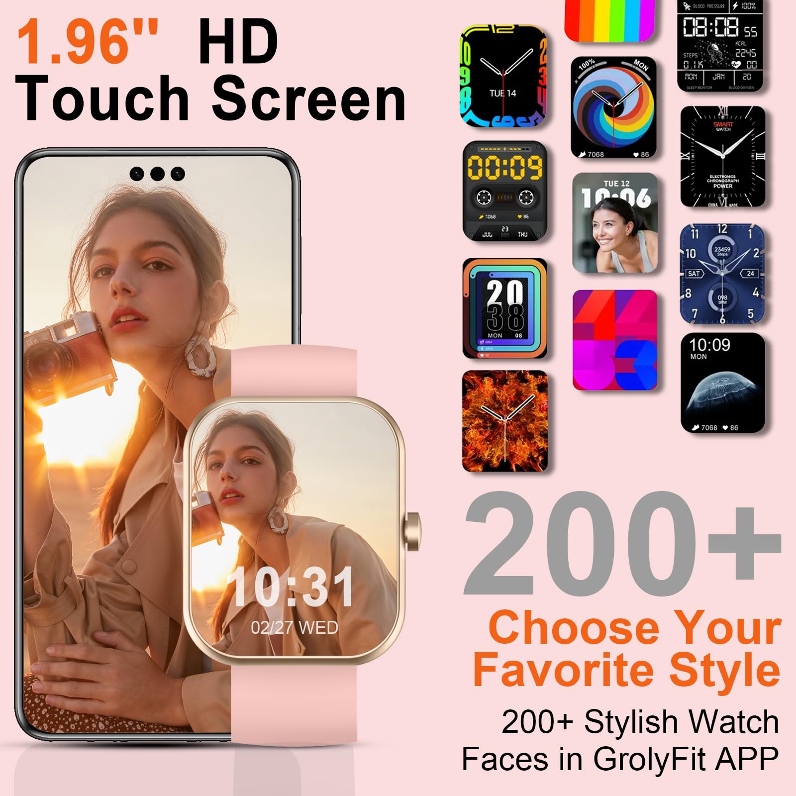 Fempoin Smartwatch Uomo Donna, 1.96" Orologio Smartwatch con Effettua/Risposta Chiamate, 100+ Sportive Fitness Tracker con Cardiofrequenzimetro Sonno Contapassi, Impermeabil IP68 Smart Watch Oro Rosa