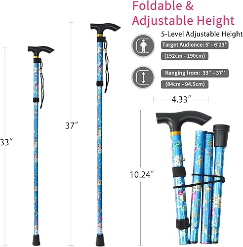 Miniatura 8 de Bastón de 5 niveles, ligero, ajustable y de aluminio para personas mayores, adultos, hombres y mujeres, bastones plegables, mango ergonómico con