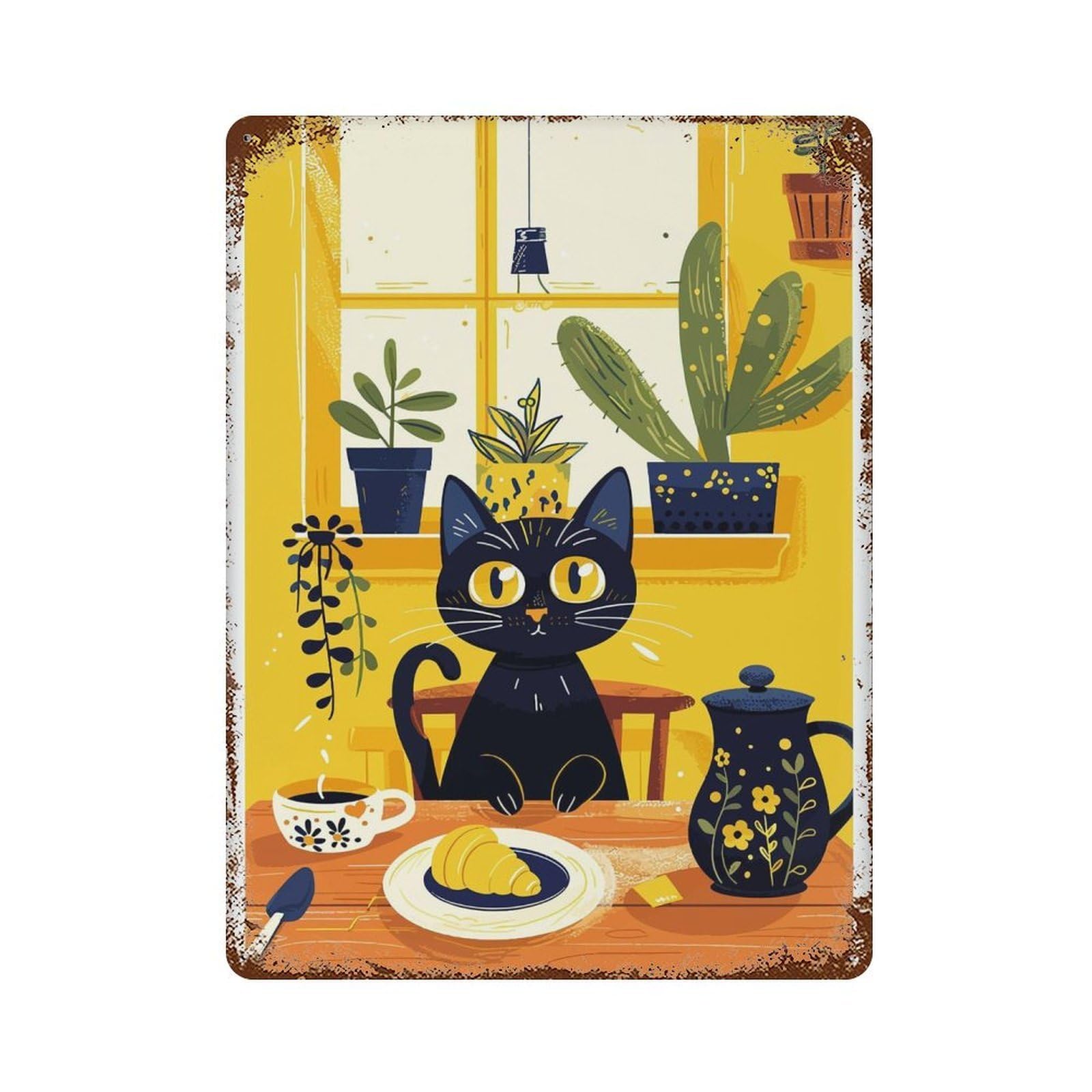 xiaoxiaoshen Black Cat Breakfast Playful Wall Decor Art Metal Tin Poster Modern Home Decor Art Home Bar Shop Decorations Vintage Sign 40x30cm