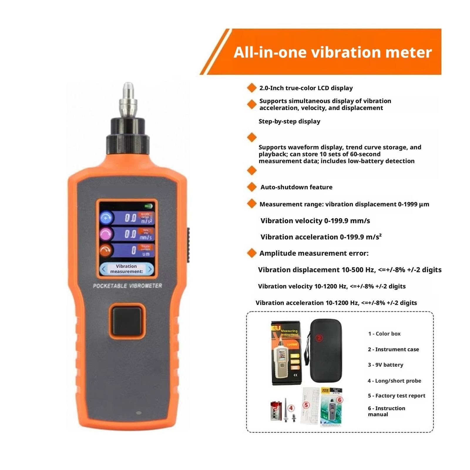 Medidores de Vibración, Vibrómetro digital portátil con medidor de vibración integrado VC62